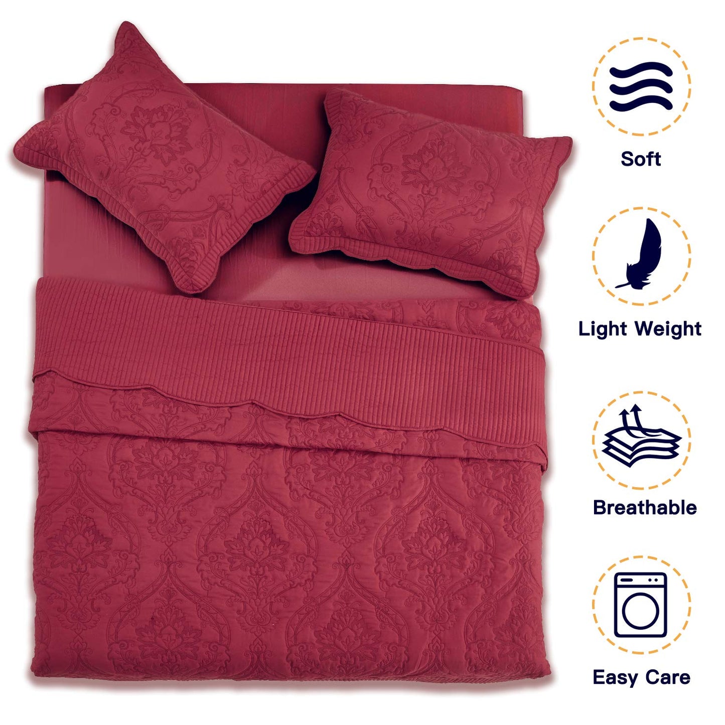 CHIXIN Oversized Bedspread Coverlet Set King Size - Lightweight Bedding Cover - Beautiful Stitching - 5 Piece Reversible Bedspread - Gorgeous Damask Paisley Pattern (King, Wine Red)