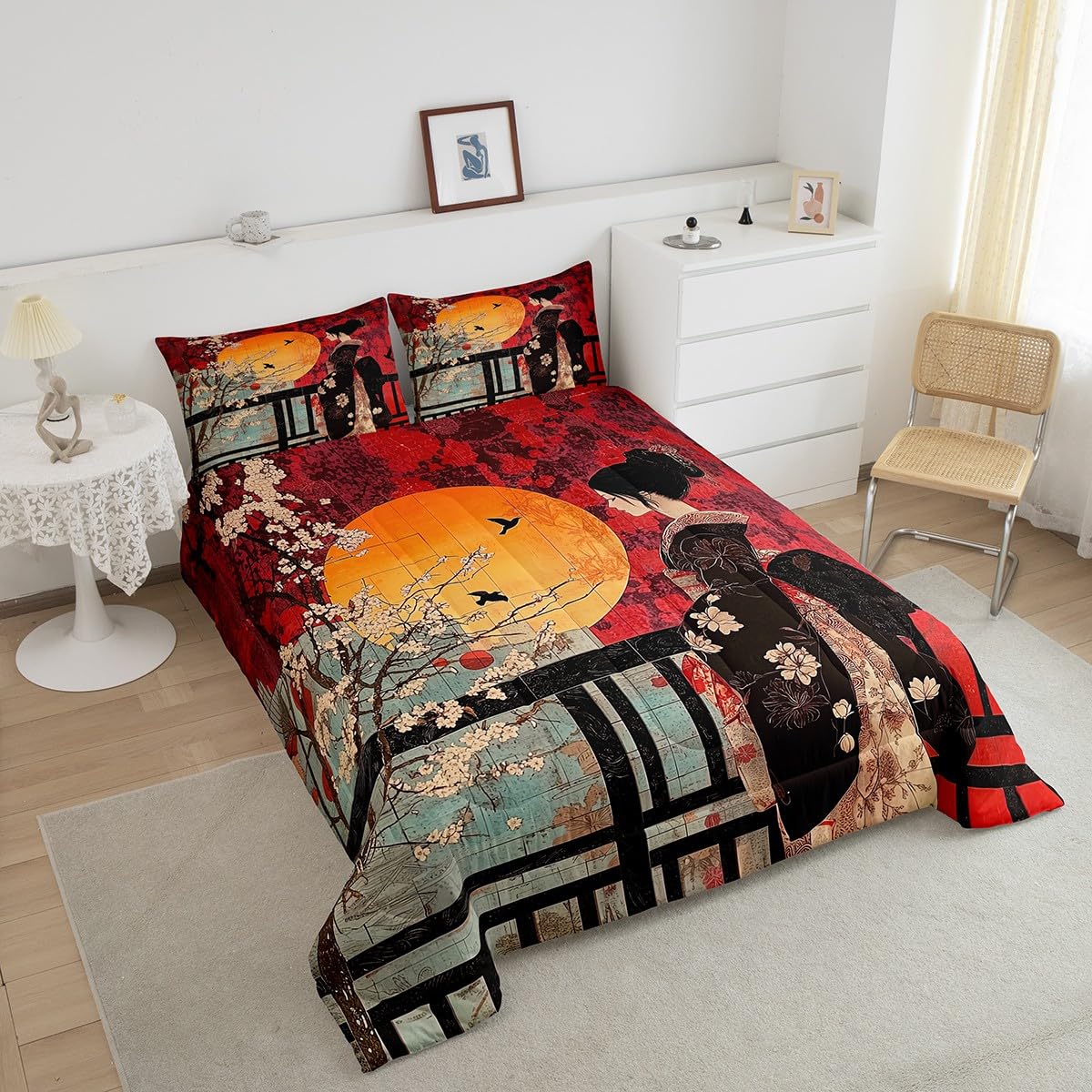 Erosebridal Japanese Style Comforter Set, Cherry Blossoms Down Comforter Queen Size for Kids Girls Women Bedroom Decor, Sakura Flower Bedding Set, Japan Ukiyo-E Quilt, Red, Lightweight