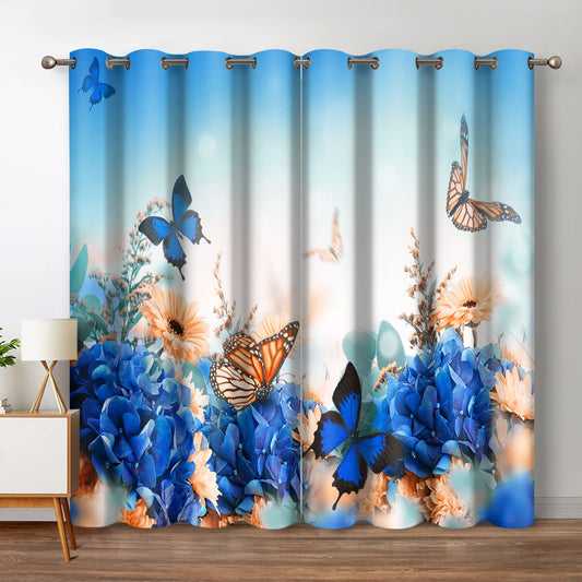 Jekeno Butterfly Floral Blackout Curtains Colorful Flowers Decor for Home Bedroom Living Room Darkening Curtains Grommet Window Drapes 2 Panel Set, 42"x63"