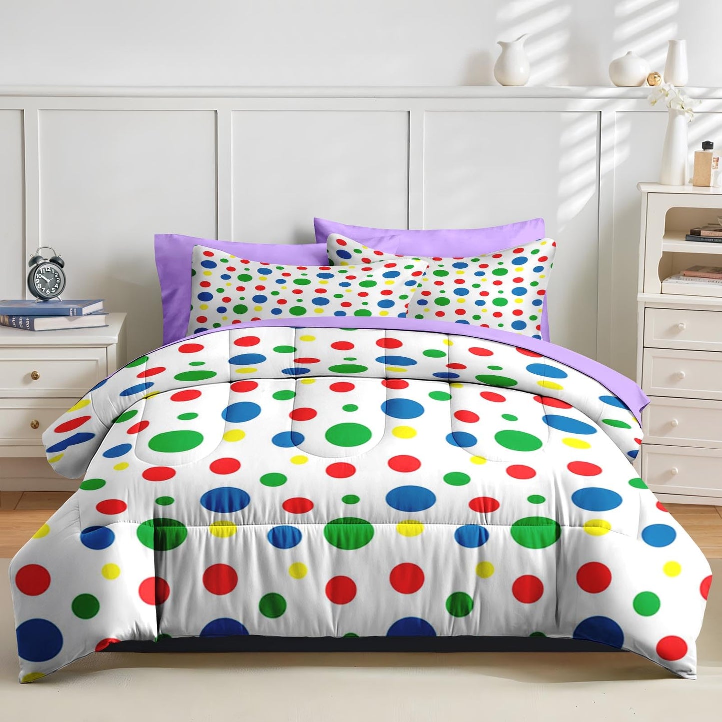 Nesker Comforter Set Queen Size, Rainbow Green Red 7 Pcs Bedding for Kids and Adults, Blue Yellow Polka Dot Bed Sheet Sets with Fitted Sheet 2 Pillowcases & 2 Shams