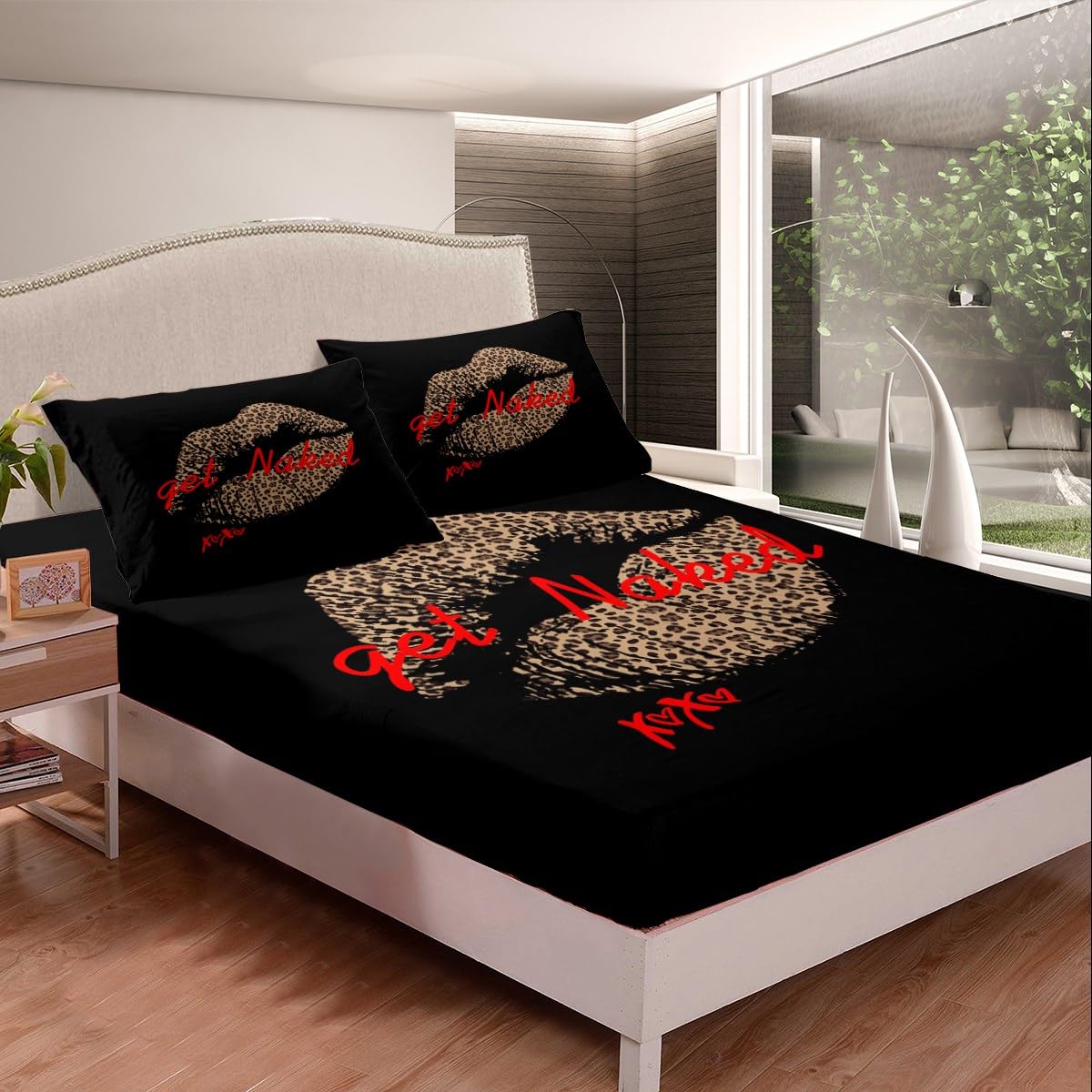 Get Naked Bed Sheet Set Sexy Leopard Print Lips Fitted Sheet & Pillow Sham Set Funny Quotes Kiss Bedding Set Charming Girls Lady Woman Bedroom Decor Black Red Brown Bed Cover No Flat Sheet Full Size