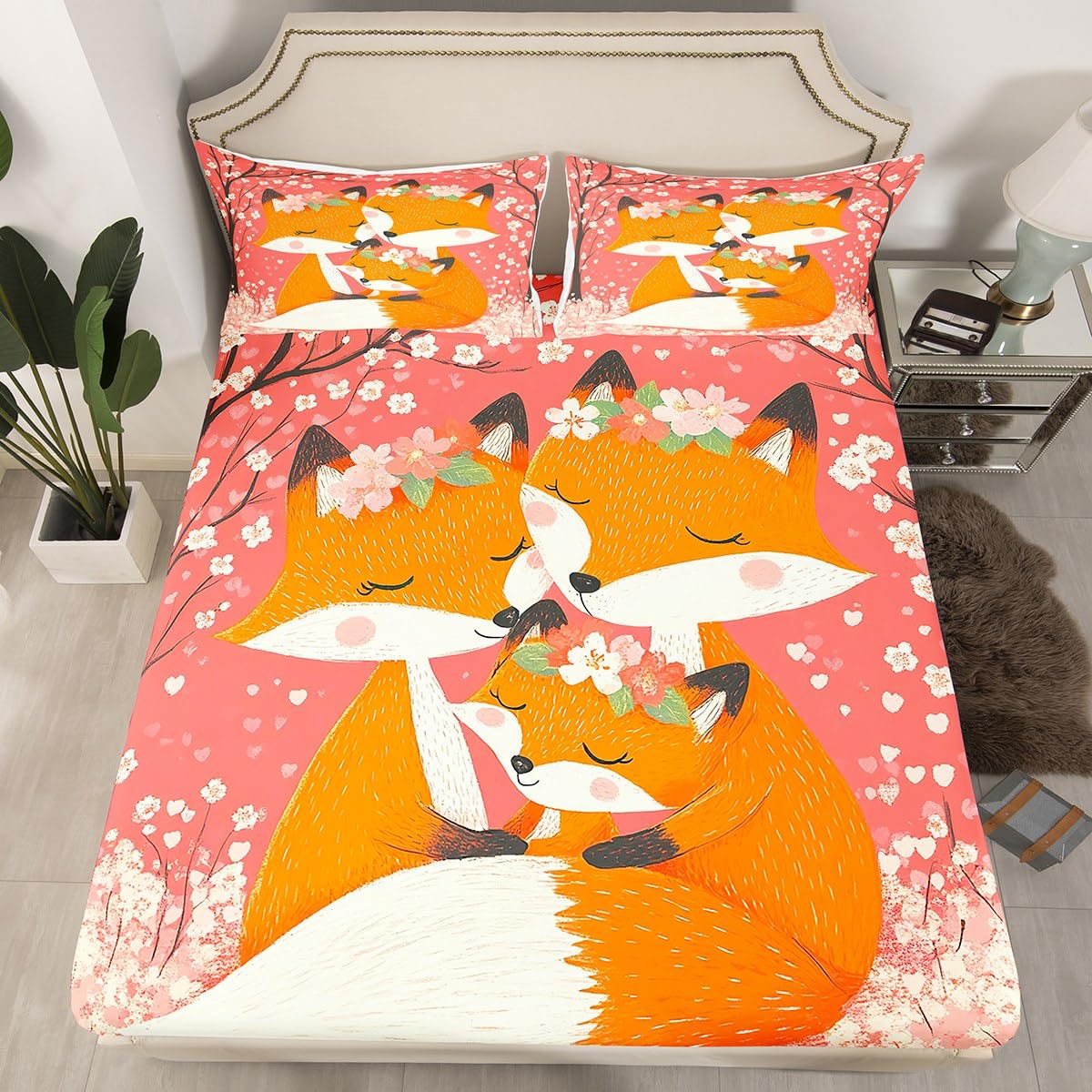 Feelyou Kids Cute Fox Bed Sheet Set Full Size, Woodland Fox Fitted Sheet Boys Girls Cartoon Animal Bedding Set Nature Wildlife Teens Bed Cover Bedroom Decor with 2 Pillow Case (No Flat Sheet)