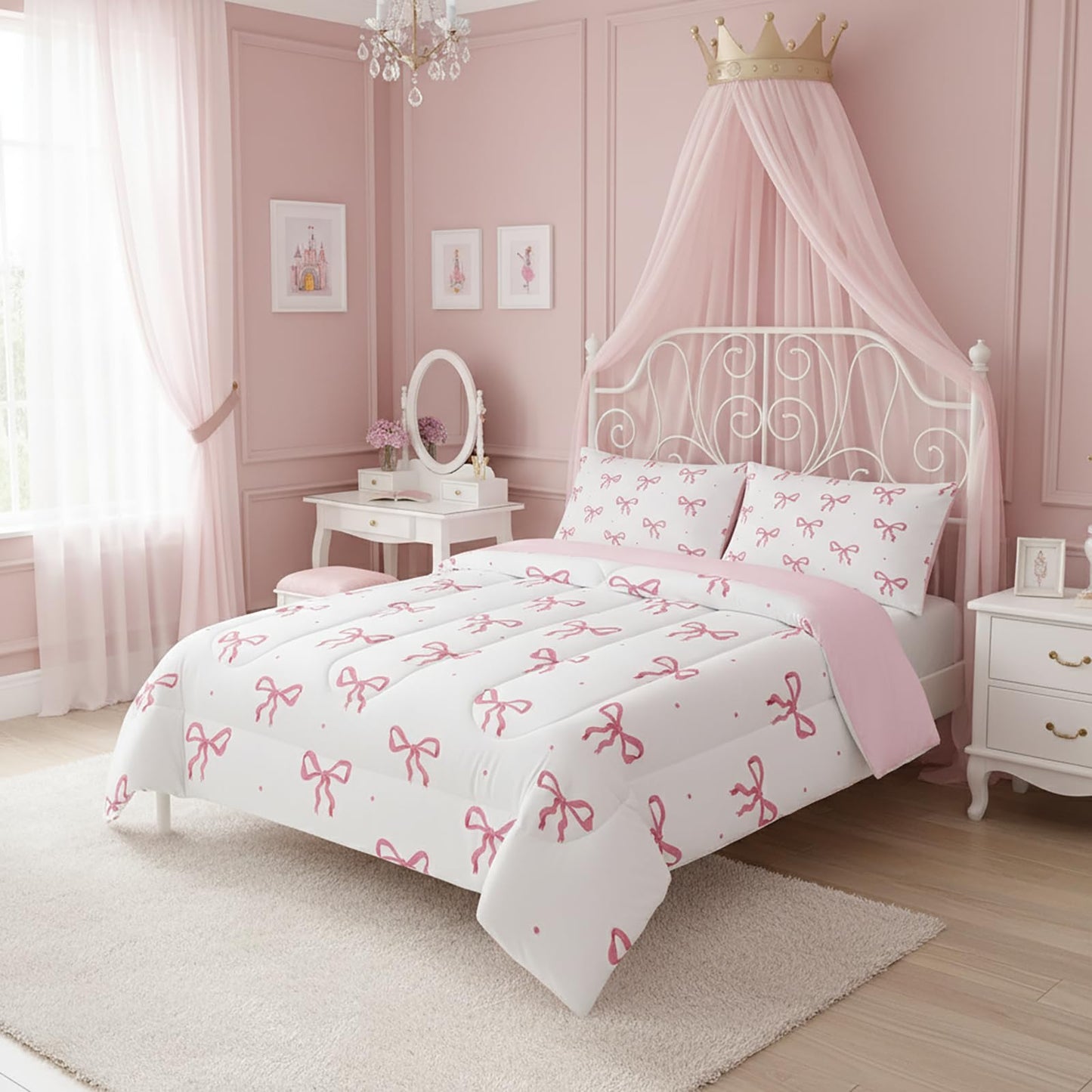 QOOMO 3Pcs Bow Comforter Set Twin,Pink Bow Bedding Set for Teens Boys Girls,Bowknot Printed Comforter with 2 Pillowcases,Down Alternative,Soft and Lightweight