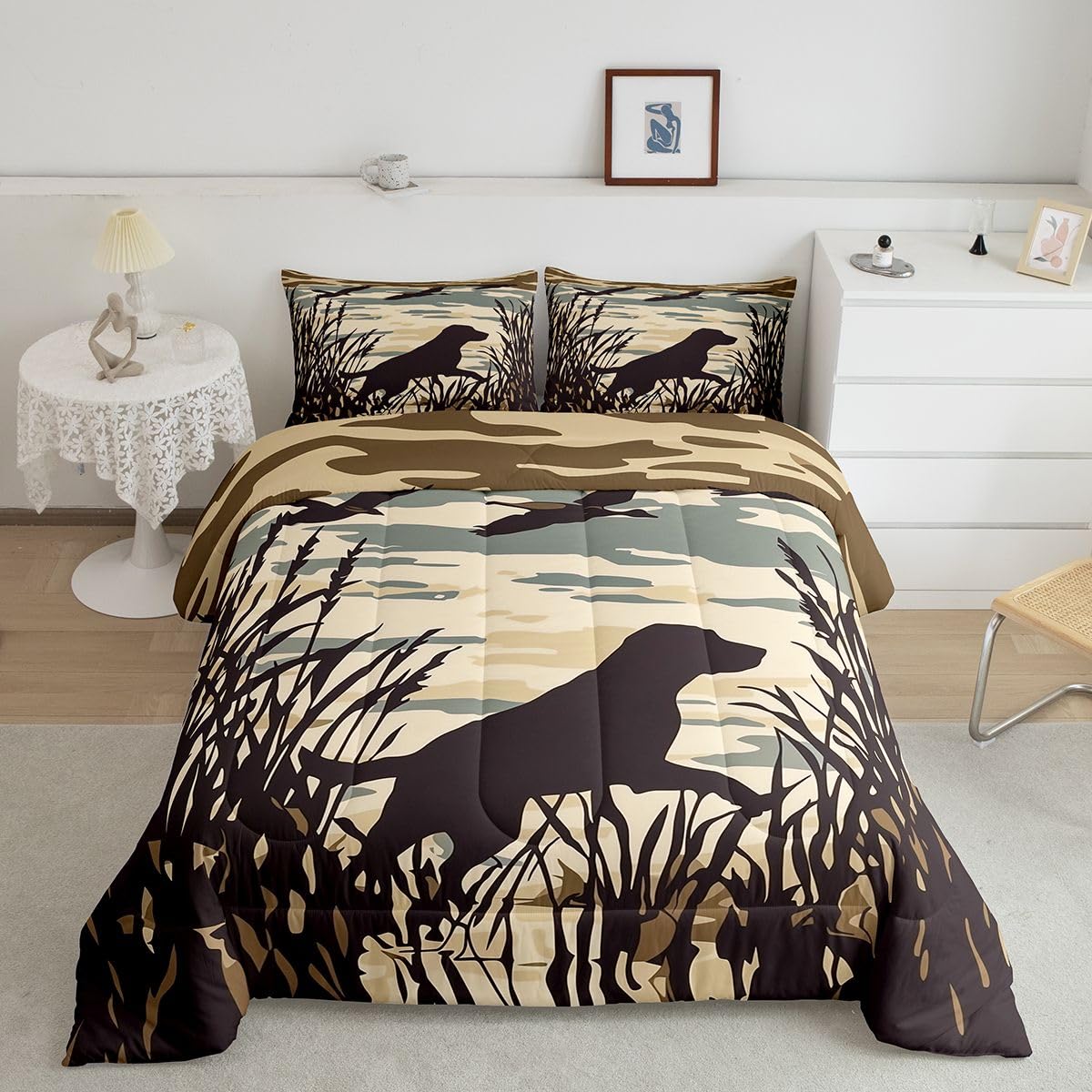 jejeloiu Dog Hunter Bedding Set Soft for Boys Girls, Dog Comforter Set Full Size Farmhouse Theme Duvet Quilt Microfiber Bedroom Decor 3 Pcs with 2 Pillow Cases
