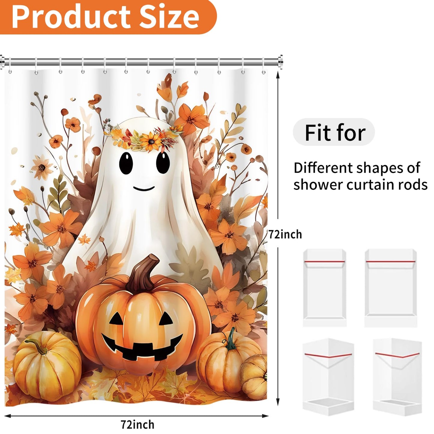 deFouliao Halloween Shower Curtain White Cute Ghost Fall Pumpkin Floral Bathroom Curtain Sets for Halloween Autumn Bath Home Decor, Waterproof Fabric Decor with Hooks 72x72 Inch
