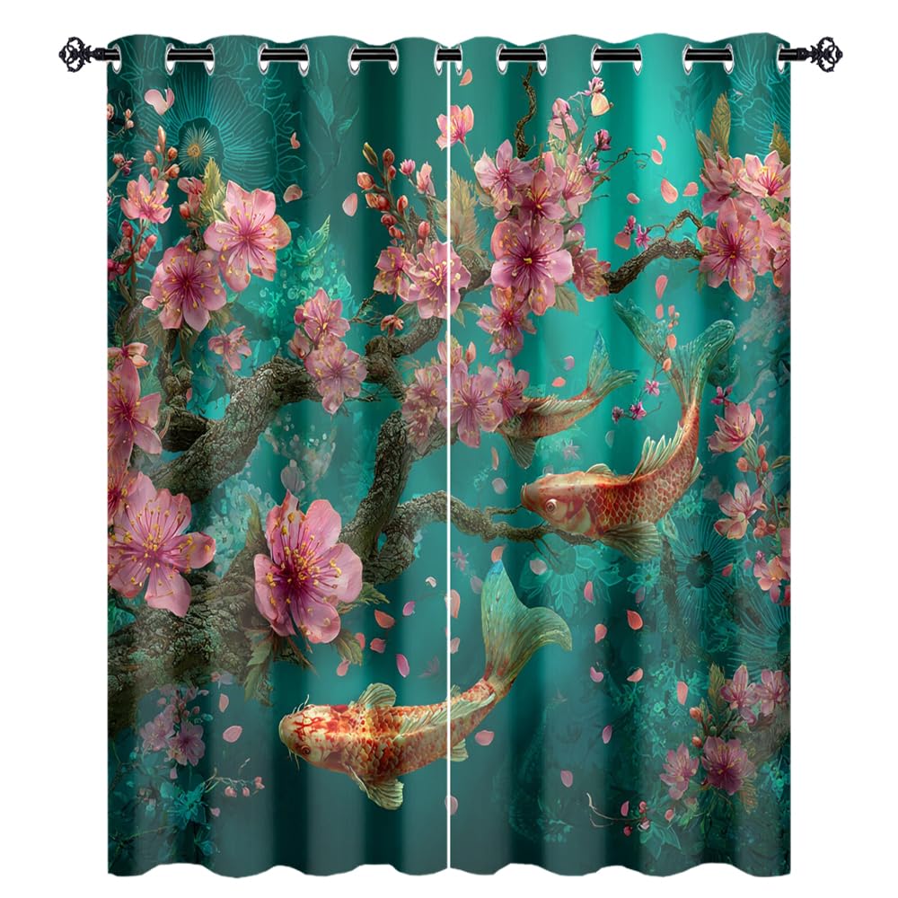 XSUPFLYM Classic Asian Japanese Fish Privacy Perforated Curtains Traditional Aesthetic Spring Underwater Fish Plant Cherry Blossom Curtains Top Grommets Window Treatment 2 Panels.Each 21" W x 54" L