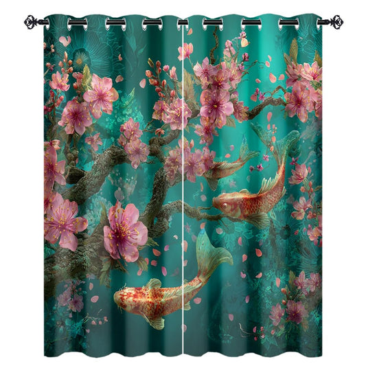 XSUPFLYM Classic Asian Japanese Fish Privacy Perforated Curtains Traditional Aesthetic Spring Underwater Fish Plant Cherry Blossom Curtains Top Grommets Window Treatment 2 Panels.Each 21" W x 54" L