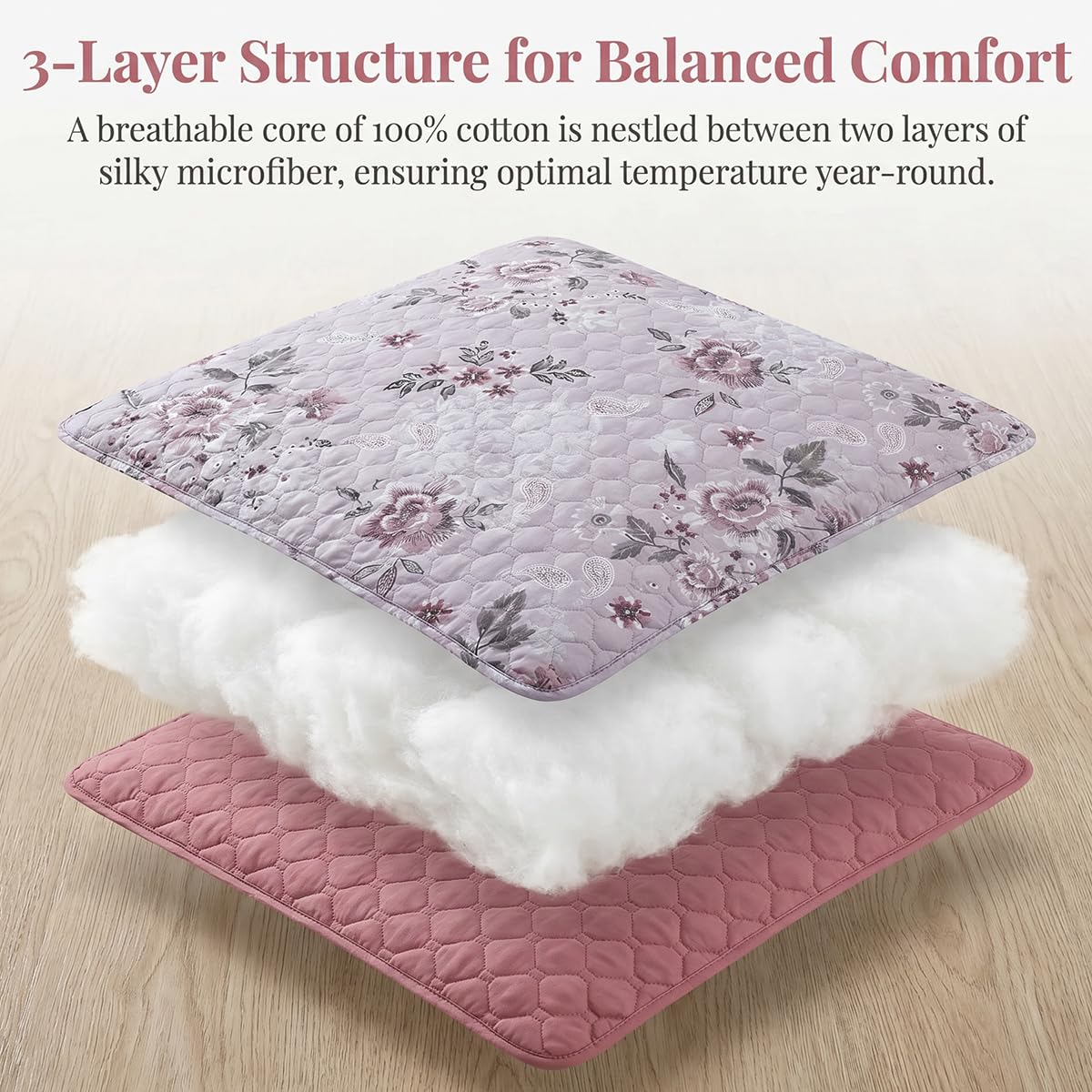 SANOCAY Boho Floral Quilt Set King Size, 3 Piece Lightweight Summer Bedding Set with 2 Pillow Shams, Soft Reversible Microfiber Bedspread, Farmhouse Coverlet for All Season (Dark Purple Rose, King)