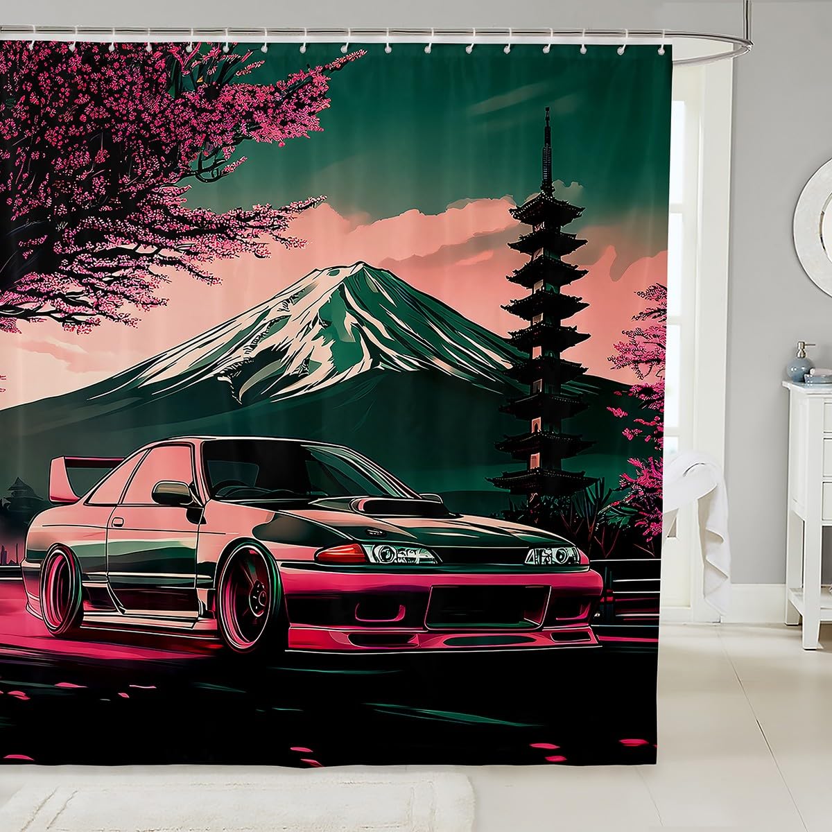 Feelyou Japanese Race Car Shower Curtain 72"x78" Speed Sports Car Cherry Blossoms Bath Curtain Boys Girls Racing Mount Fuji Bath CurtainExtreme Sports Kids Bathroom Accessories