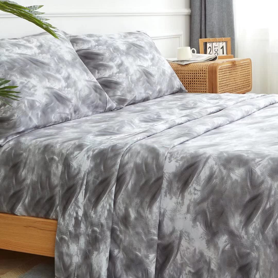 California King Size Bed Sheets Set 4PC - Soft Cooling 1800 Thread Count Microfiber Printed Sheet, 8 - 17" Deep Pocket Breathes Better, Wrinkle, Machine Washable Grey Marble Patterned Double Bedding