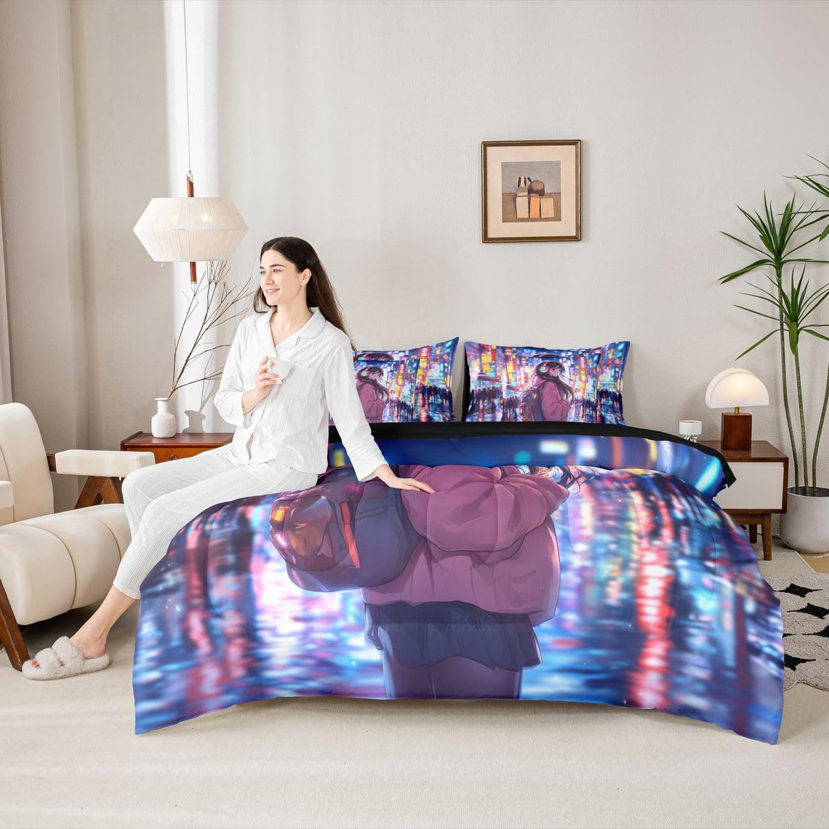 Erosebridal Cool Anime Girl Bedding Set Japanese Style Kids Full Comforter Set 7 Piece 3D Cartoon Girly Anime Bed in A Bag Sci Fi Style Gaming Sheet Set with Comforter Room Decor
