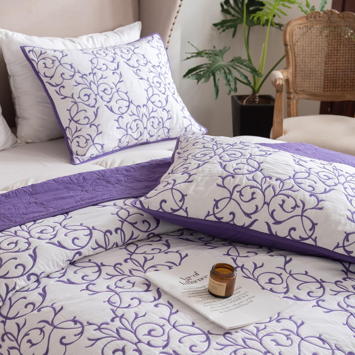 mixinni 2-Piece King Size Soft Cotton Purple Quilted Embroidery Floral Pattern Pillow Shams-20" x 36"