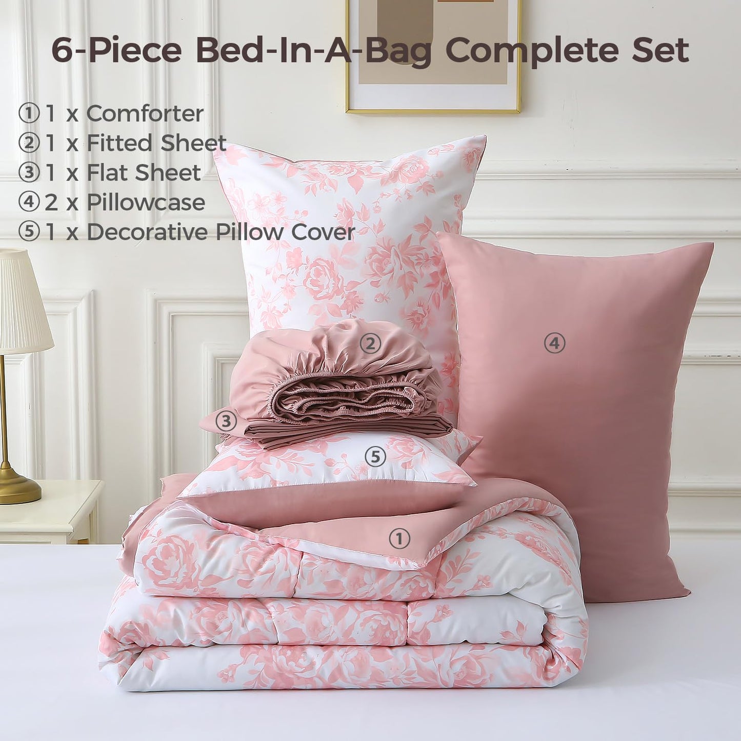 JQinHome Queen Comforter Set - 6 Pieces Reversible Pink Rose Floral Bedding Set, Bed in a Bag with Solid Pink Back Microfiber Comforter, Sheets & Cushion Cover, Edredones Queen Set Completo