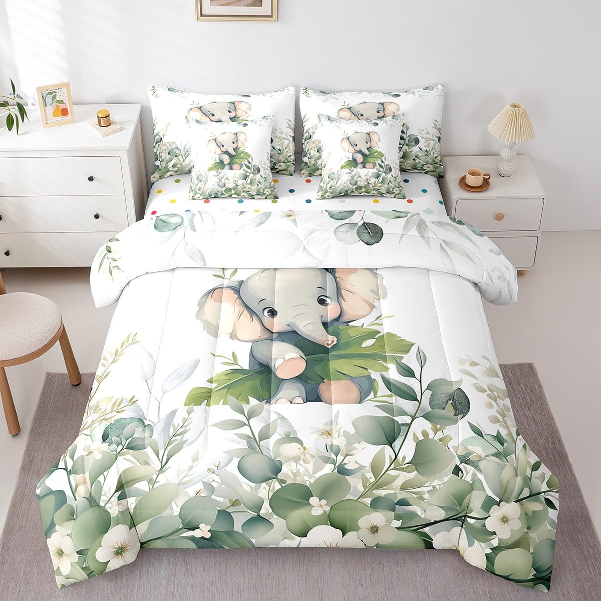 Erosebridal Cute Elephant Twin Comforter Set 7 Pieces for Kids Green Eucalyptus Bedding Comforter Sets, Woodland Animal Bed in a Bag Botanical Plant Leaves Bedding Set, Cartoon Wildlife Bed Sheets Set