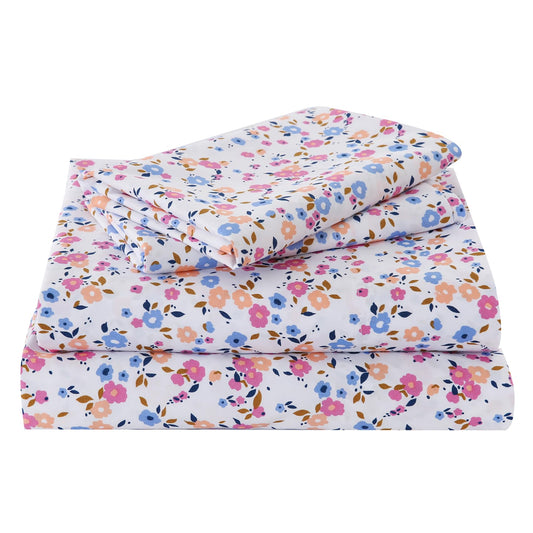Yibeizi Blue Pink Floral Sheet Set King 4 Piece, Coquette Cottagecore Aesthetic Flower Shabby Chic Pattern Bed Sheets Cute Soft Microfiber Extra Deep Pocket Fitted Bedsheet