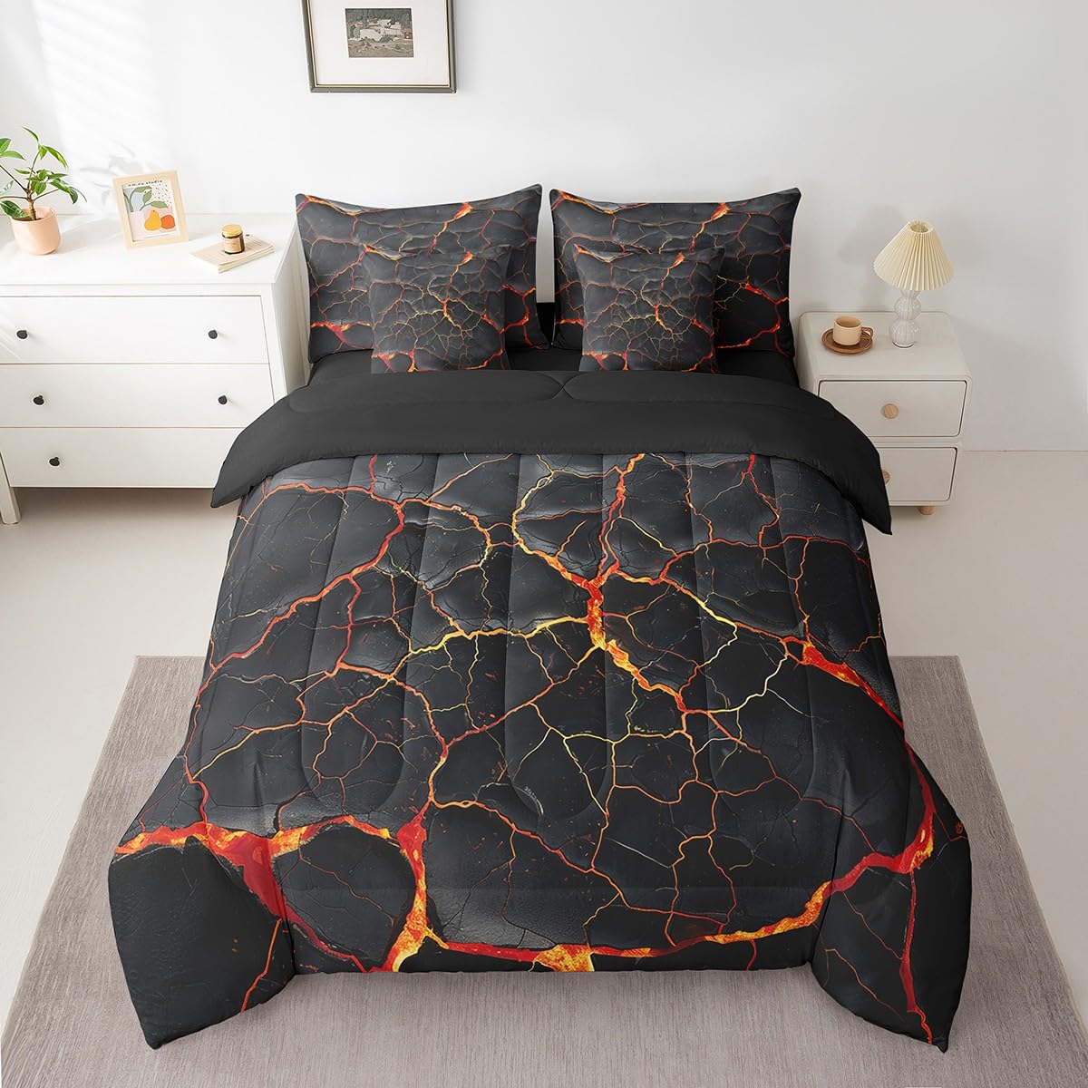 Erosebridal Lightning Comforter Sets with Sheets - Black Marble Print Bedding Set Queen for Boys Girls Orange Lava Theme 7Pcs Bed in A Bag Modern Abstract Bed Set