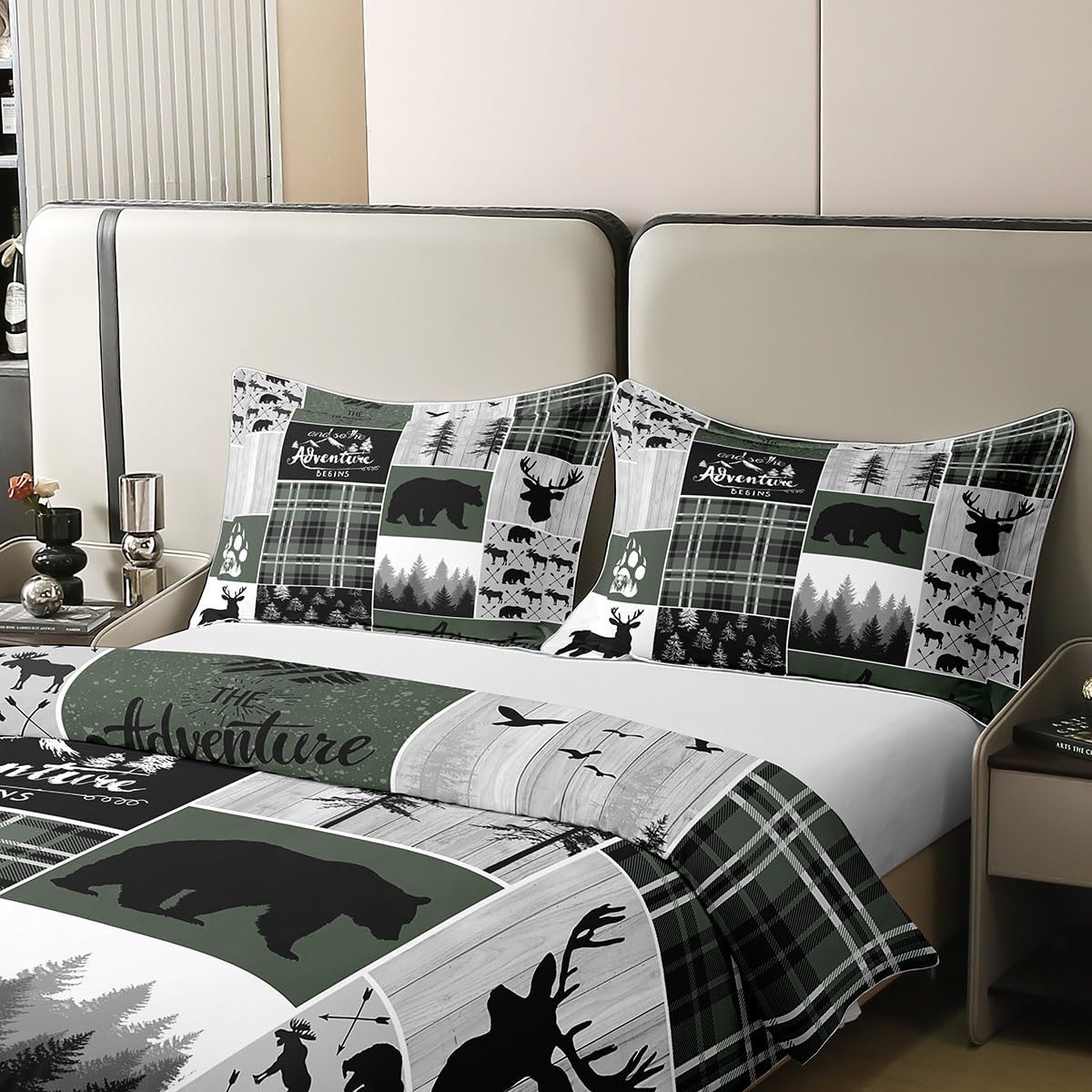 Erosebridal Retro Cabin 100% Cotton Duvet Cover Queen Size Plaid Patchwork Bedding Set For Boys Teens Adult Bedroom Woodland Wildlife Deer Bear Comforter Cover Country Farmhouse Wild Animal Bedclothes