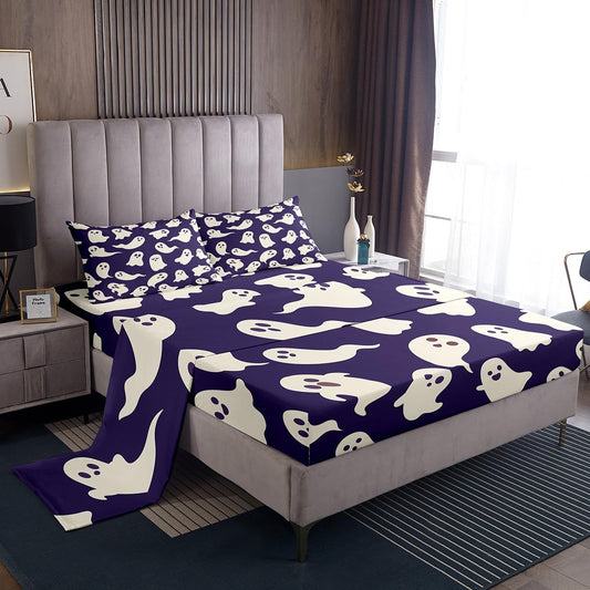 Castle Fairy Happy Halloween Bed Sheet Set King Size,Cute Ghost Cartoon Silhouette Deep Pocket Fitted Sheet,1 Flat,2 Pillowcases,Purple White Color Bed Mattress Cover, Bedroom Decor