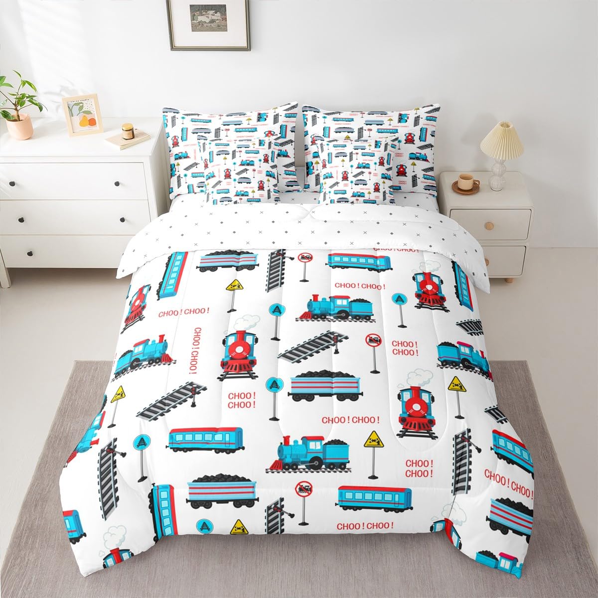 jejeloiu Tramcar Comforter Set with Sheets 7 Piece Twin Size Cartoon Car Bed in a Bag Kids Boys Girls Wired Trolley Car Bedding Set Bedroom Decor Breathable Soft Lightweight Microfiber