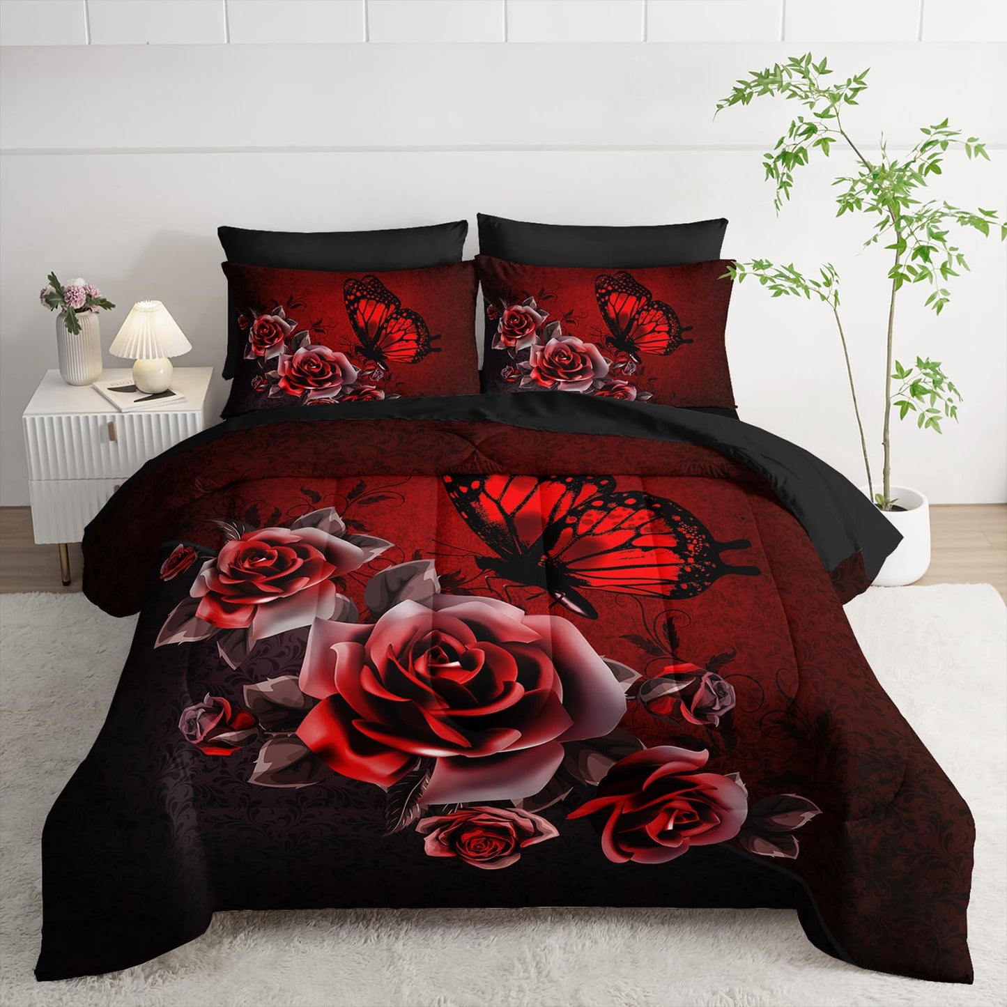 AILONEN Floral Butterfly Comforter Set Queen Size,Red and Black Bed in a Bag,7Pcs Soft Microfiber Retro Butterfly Comforter,Fitted Sheet,Flat Sheet,2 Pillowcases,2 Pillow Shams for Room