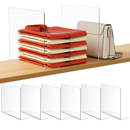 HBlife Acrylic Shelf Dividers for Closet Organization, 6 Pack Clear Sturdy Separate Closet Dividers for Shelves, Adjustable Purse Organizer for Sweater, Shirts, Handbags, Books in Bedroom and Kitchen
