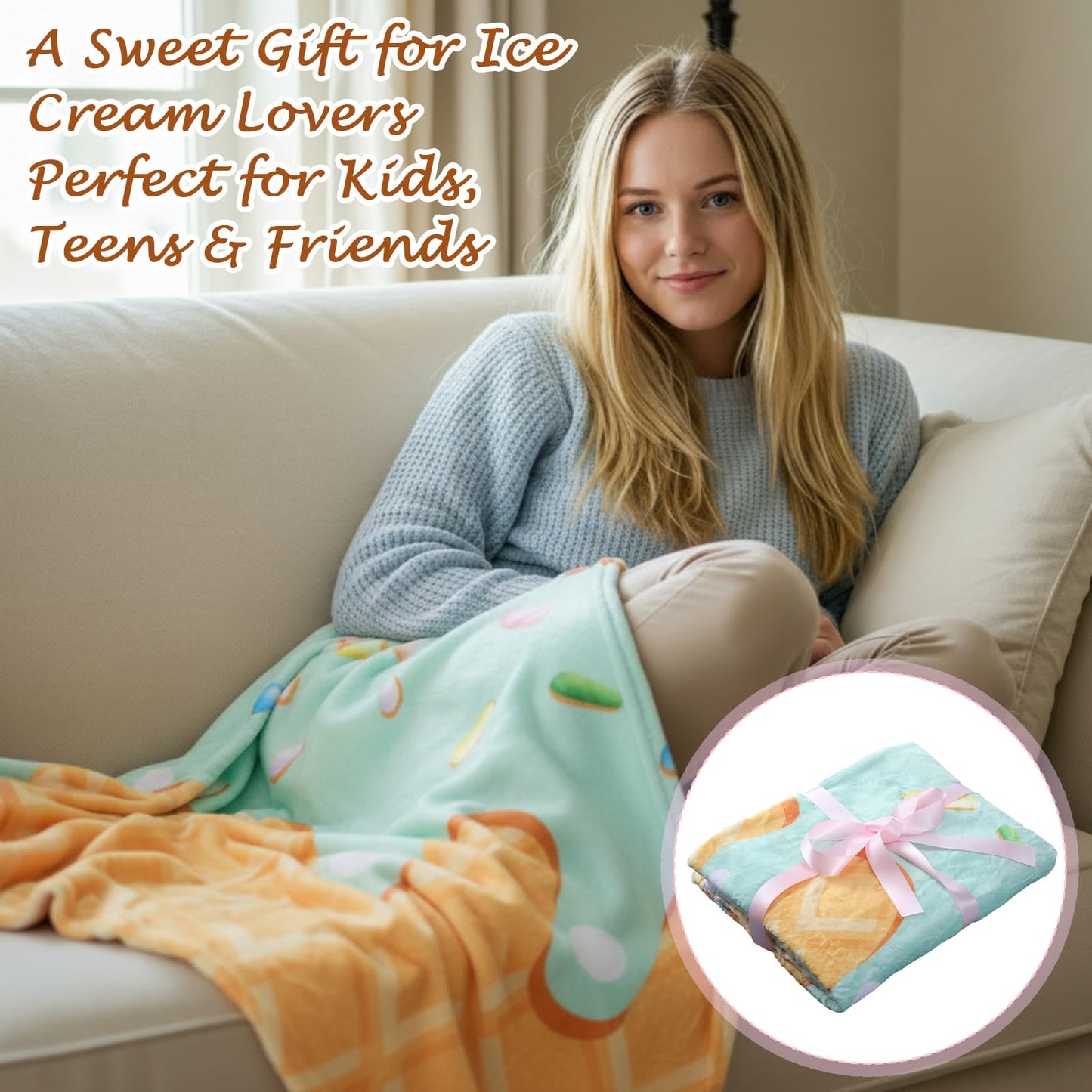 Hahafelt 6 Pack Ice Cream Throw Blankets Cute Dessert Flannel Blanket Soft Cozy Aesthetic Throw for Couch Bed Dorm Room Decor Ice Cream Party Favors Summer Party Gifts