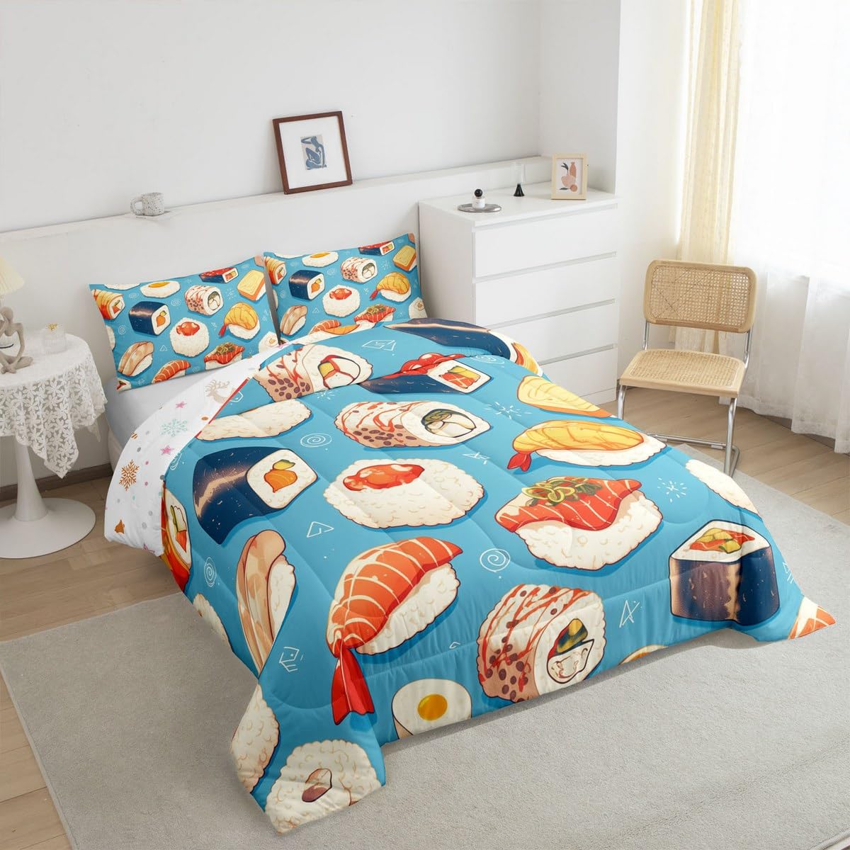 Erosebridal Kids Sushi Comforter Set Queen Size,Japanese Sushi Bedding Set Funny Gifts for Teens Adults,Anime Style Quilt Bed Set Food Themed Bed Comforter Sets with 2 Pillowcases Bedroom Decor