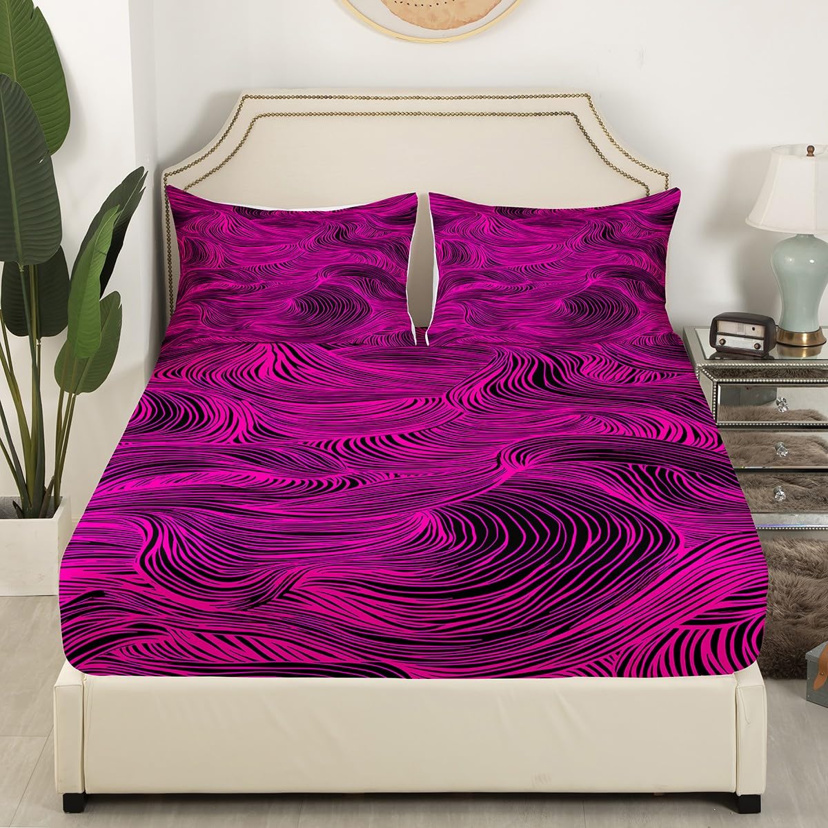 Feelyou Hot Pink Stripes Bed Sheets Set Geometric Sheet Set for Kids Boys Girls Teens Zebra Room Decor Abstract Art Sheets with Deep Pocket Fitted Sheet Queen Size Modern Striped Art Bedding Set 4Pcs