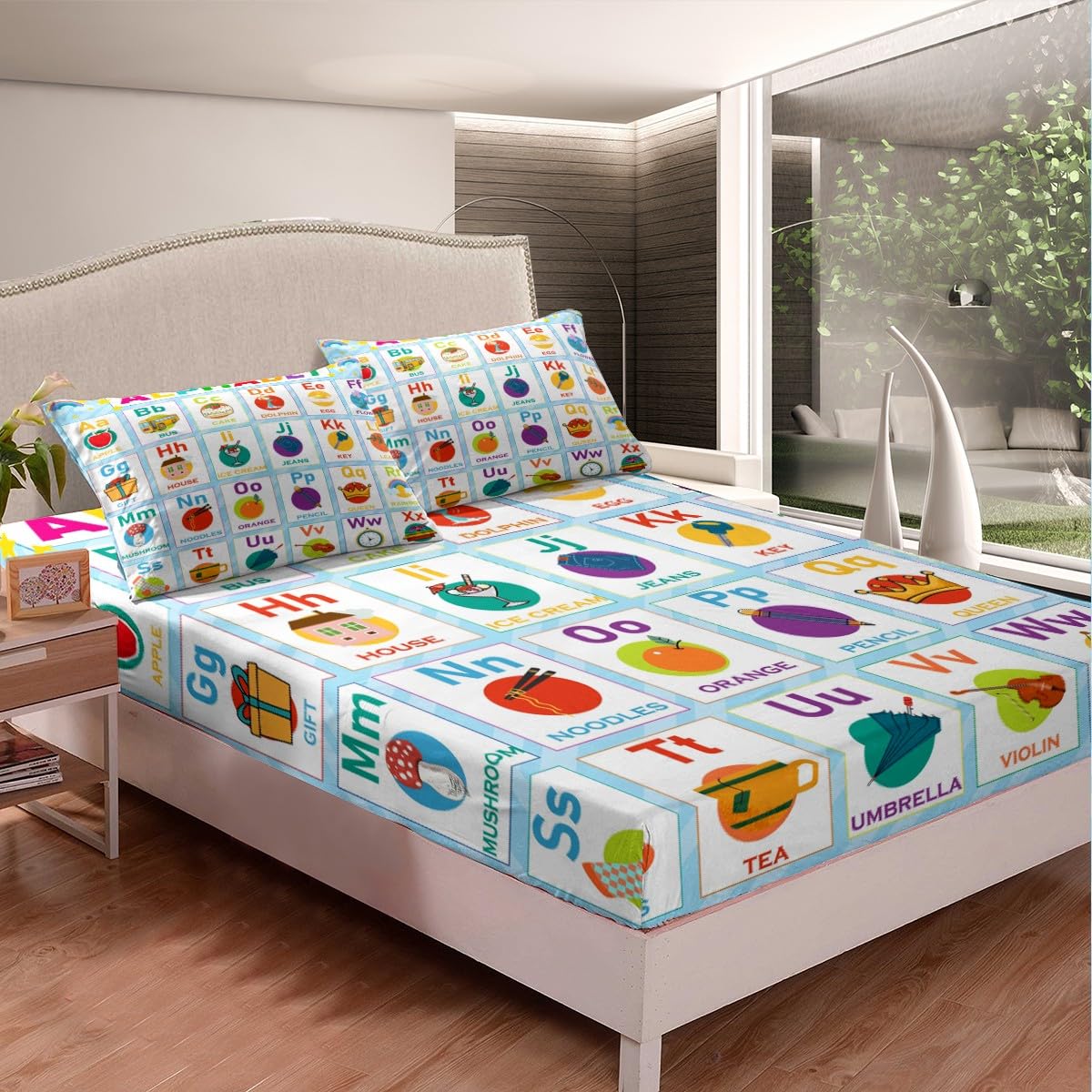 Alphabet Fitted Sheet Twin Size, ABC Alphabet Bedding Set Kids Toddler Learning Time Bed Sheet Set Educational Learning Bed Cover Lightweight Bed Set (No Flat Sheet)