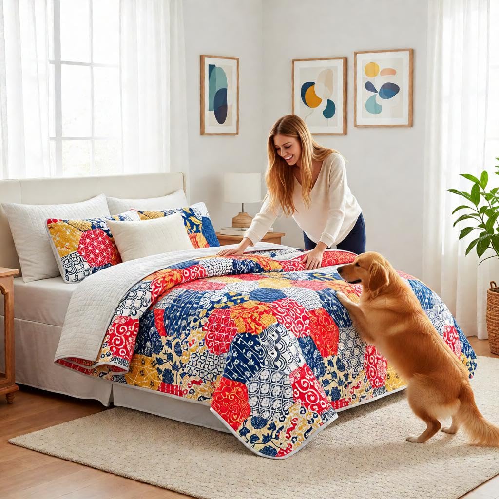 Andreannie Boho Quilt Set King Size, Reversible Floral Geometric Honeycomb Pattern Bedspread, Soft Lightweight Microfiber Bedding Coverlet, All Season Bohemian Quilt with 2 Pillow Shams, 3 Pieces