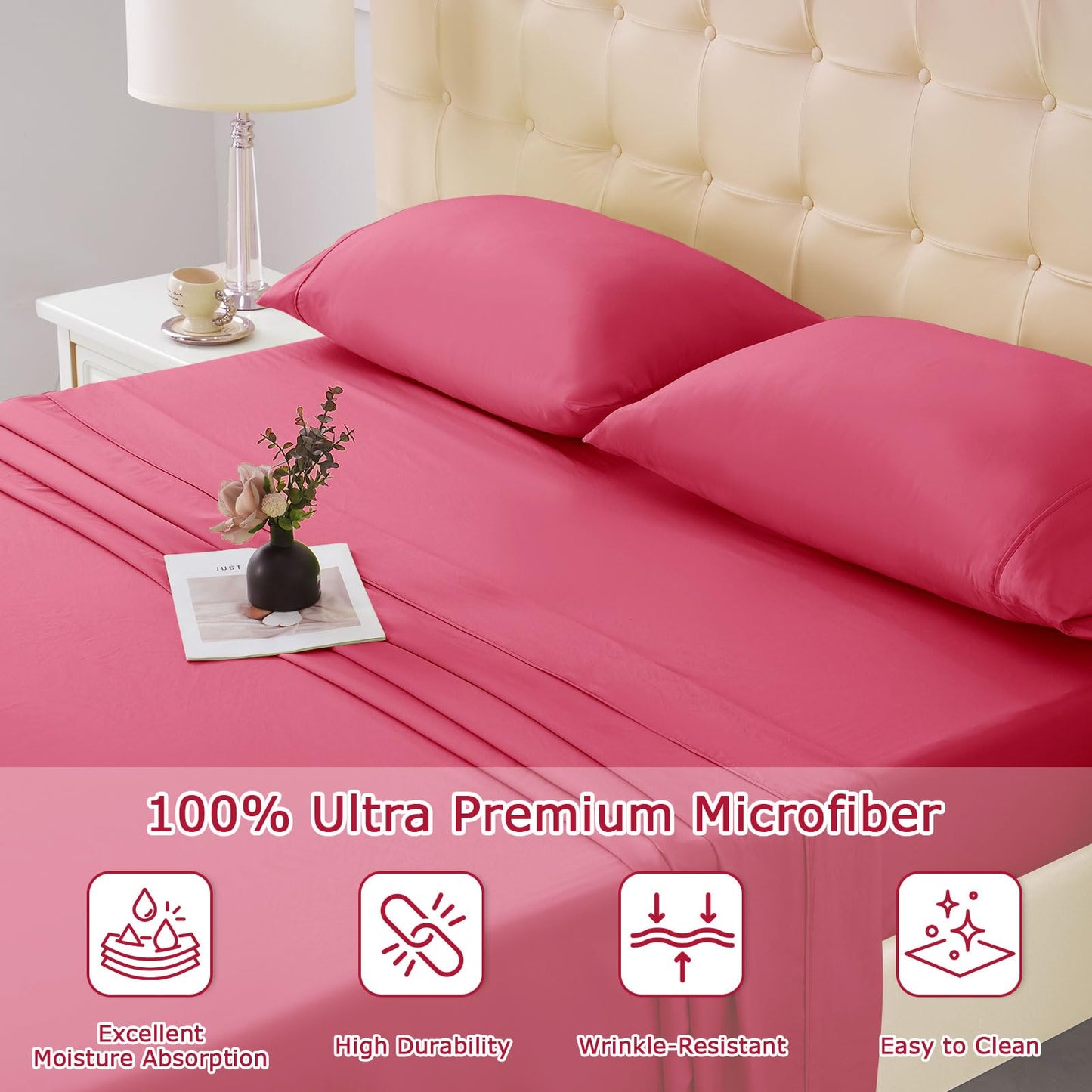 Homilay Queen Size Bed Sheet Set - 4 Piece Soft Microfiber Sheets with Deep Pockets, Cooling Technology, and Wrinkle-Free Pillowcase. Hotel-Quality, Durable Bedding, Viva Magenta