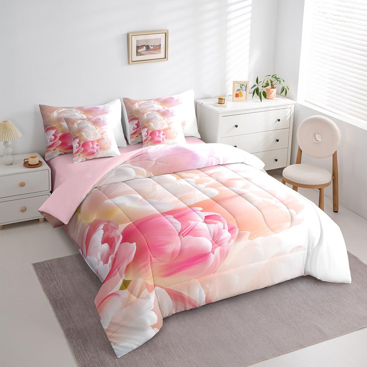 Erosebridal Pink Dreamy Princess Girls Bedding Set Romantic Pastel Tulip Kids Twin Comforter Set 7 Piece Spring Botanical Flowers Bed in A Bag Luxury Garden Floral Plants Bed Set