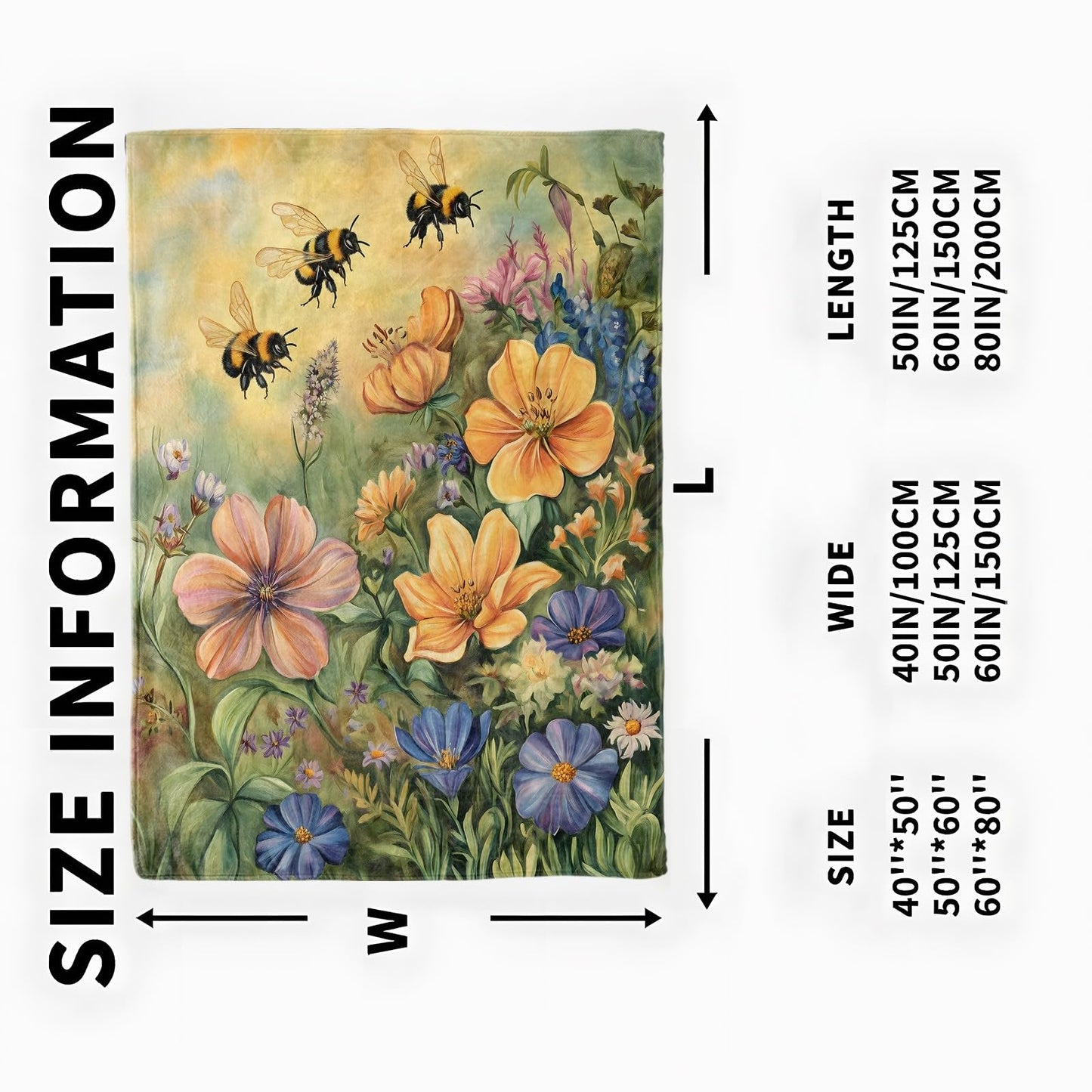 onlcuk Buzzing Bees and Wildflowers Blanket, Cozy Flannel Floral Throw Blanket, Soft Fuzzy Blankets for Travel Home Decor, All Season Lightweight Couch Bed Cover, Gifts for Women Adults Kids 50"×60"