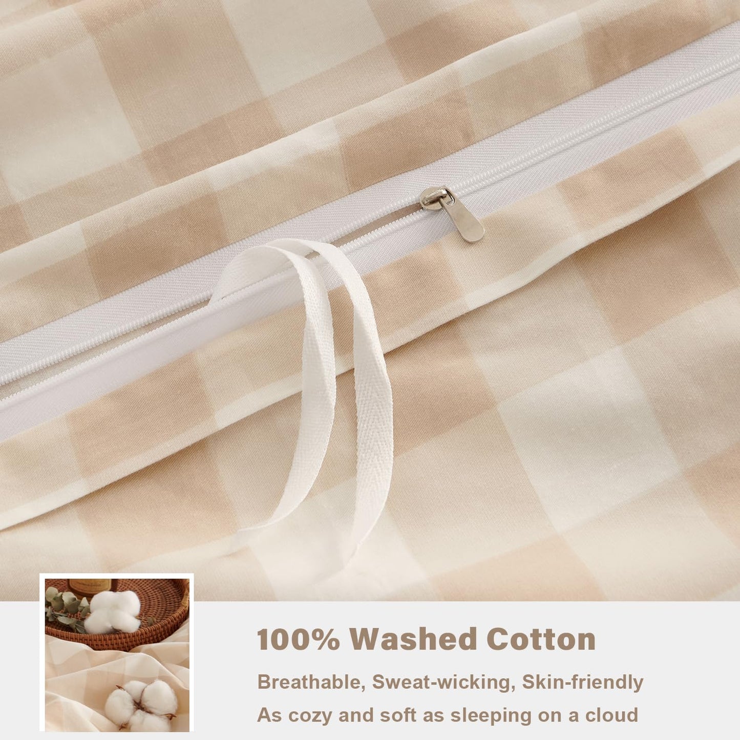 Jolusere Gingham Duvet Cover Queen 3 Pieces 100% Cotton Duvet Cover Beige Plaid Bedding Set Orange Tan Farmhouse Checkered Grid Comforter Cover with 2 Pillowcases