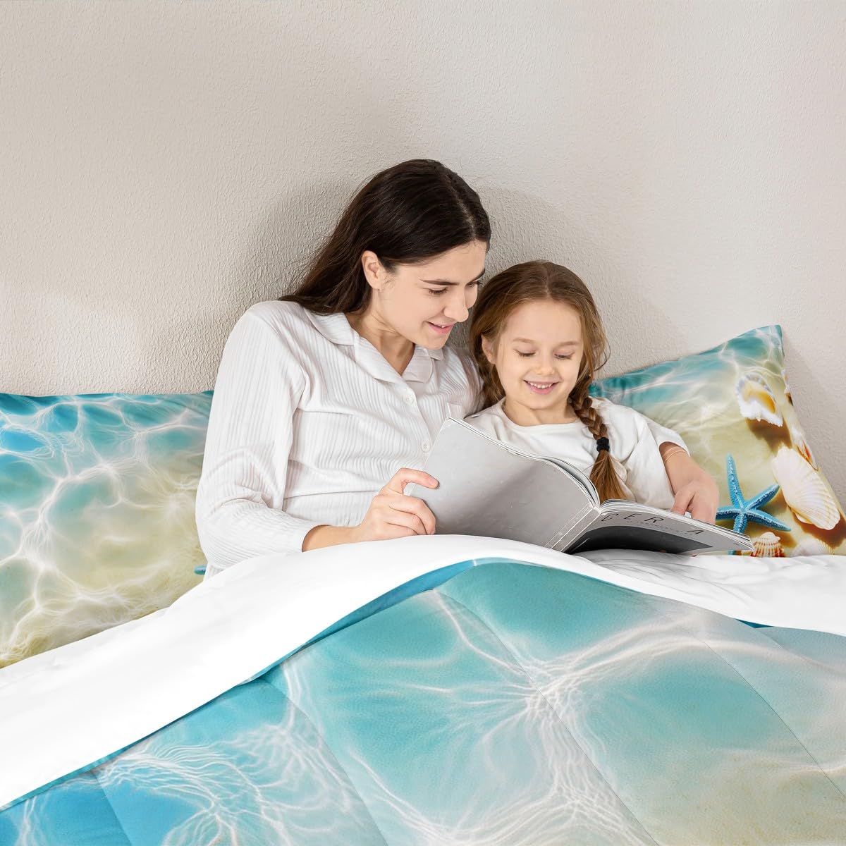 Ocean Comforter Set Queen Beach Bedding Coastal Nature Theme Pattern Teal Duvet Set Boys Girls Hawaiian Quilt Sets Sea Wave Animals Starfish Reversible Comforter Set 2 Pillowcases, Blue Room Decor