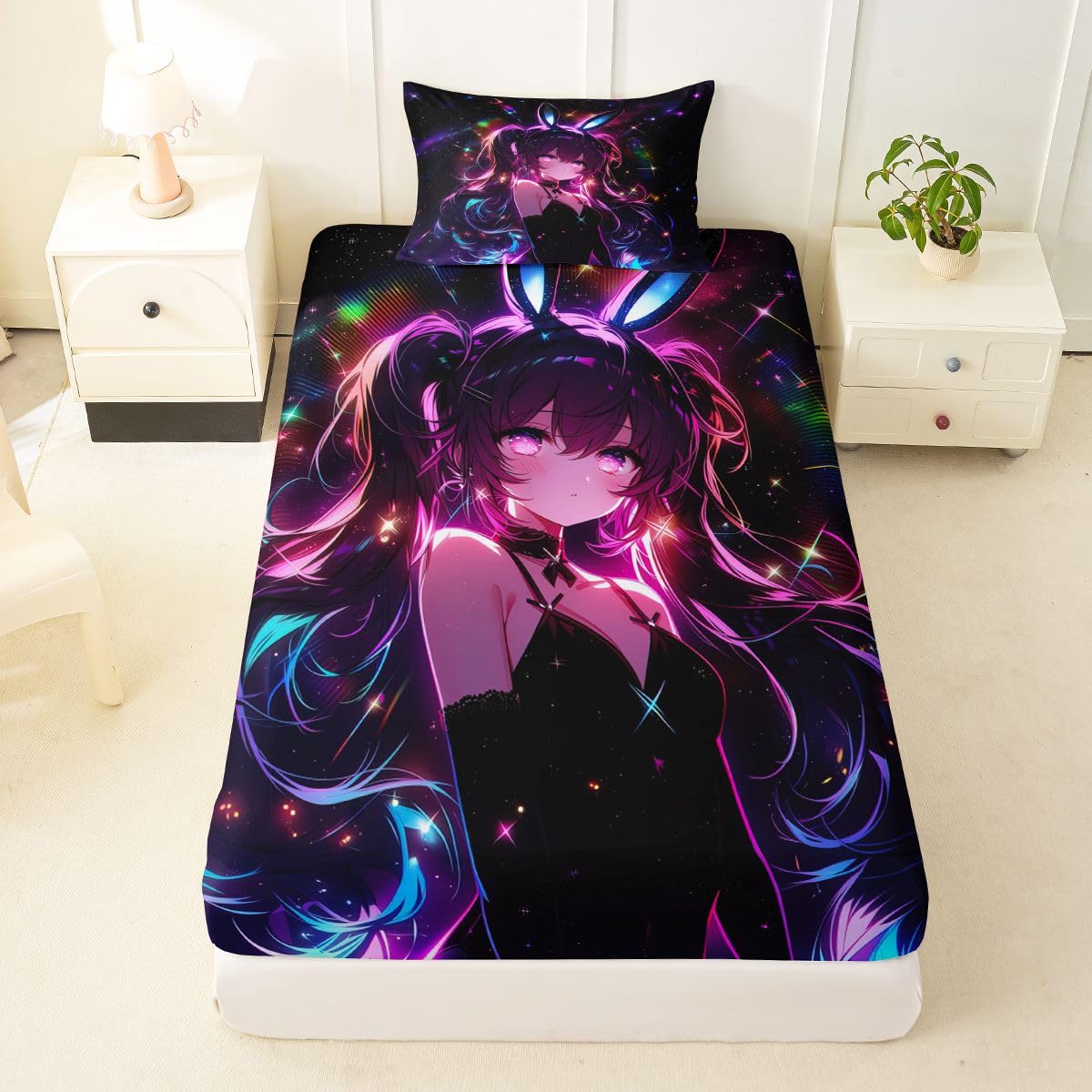 Erosebridal Cute Bunny Girls Sheets Twin Japanese Anime Girl Bed Sheets Set Cartoon 3D Sheet Set for Boys Girls Magical Neon Stars Bed Sets 3Pcs