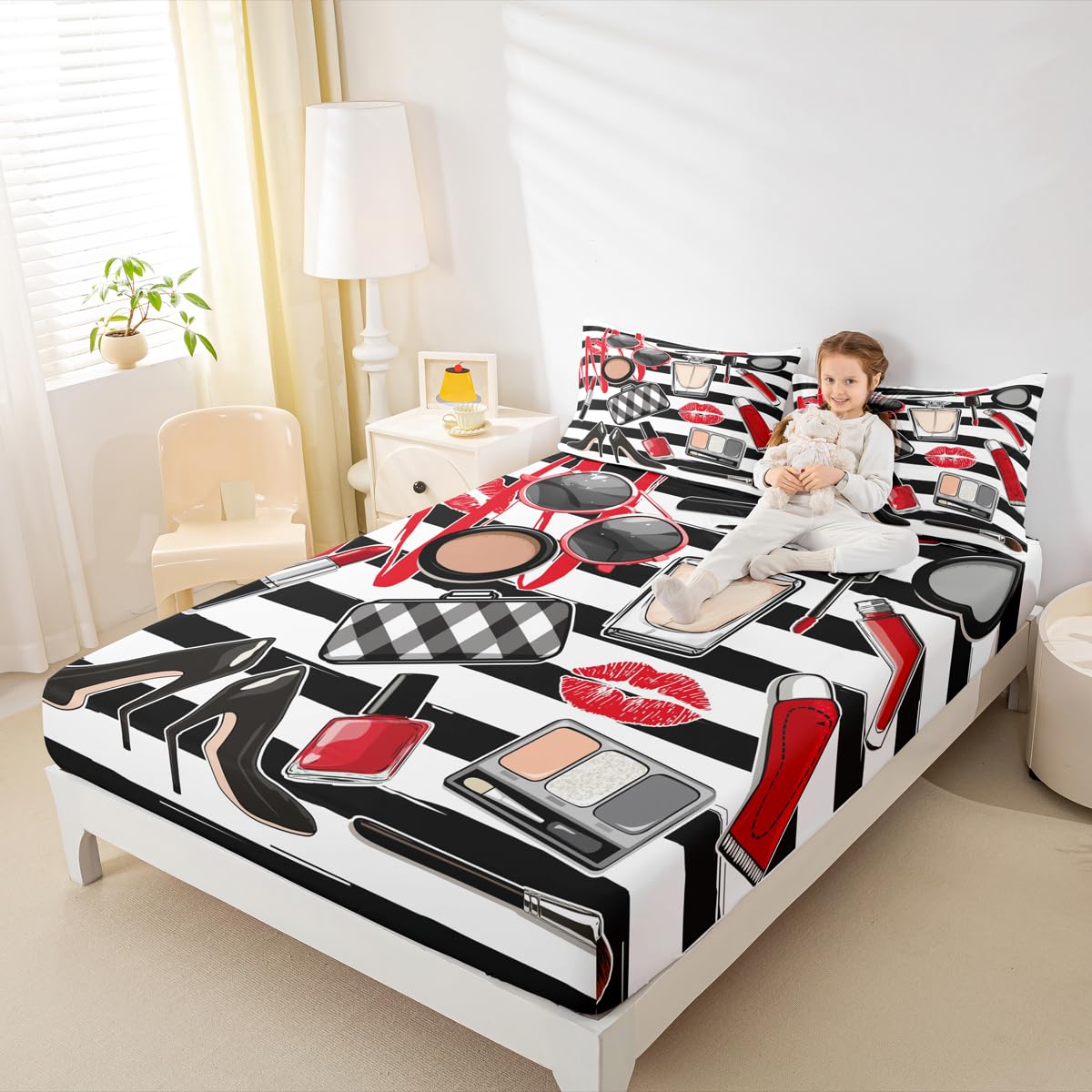 Homewish Makeups Fitted Sheet Queen,Glasses Lipstick Lips Bedding Set 3pcs for Girls Woman Teens Room Decor,Black White Stripes Bed Cover Modern Bed Sheet Set with 2 Pillowcases