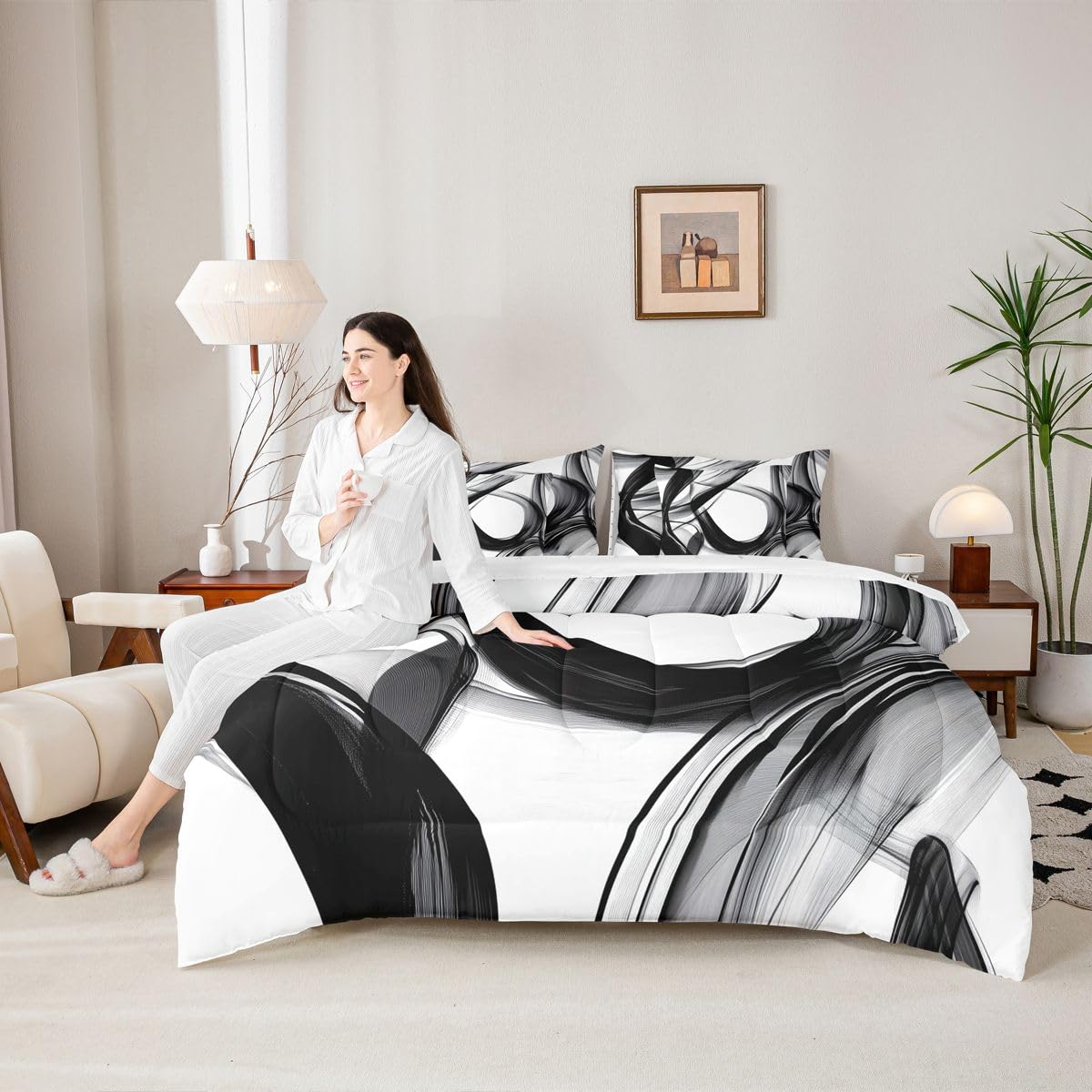 jejeloiu Abstarct Comforter Set with Sheets 7 Piece King Size Stripe Line Bedding Set for Kids Boys Girls Modern Art Bed in a Bag Room Decor Soft Lightweight Microfiber