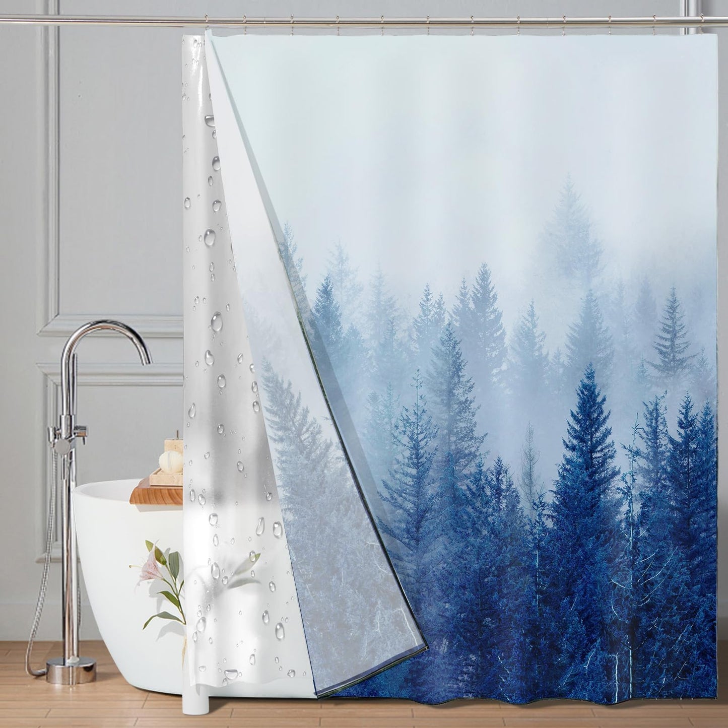 ORTIGIA 3 in 1 Waterproof Shower Curtain and Clear PEVA Liner Set with 12 Double Sided Metal Hooks, Blue Misty Forest Tree Shower Curtains for Bathroom - 72 Wx72 L