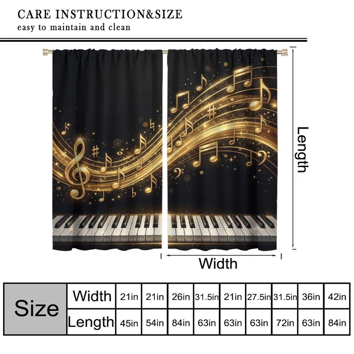 PHTAYOT Piano Key Music Curtains Black Golden Musical Notes Romantic Art Pattern Decor Window Drapes for Bedroom Living Room Home,2 Panels Set,42x45 Inch