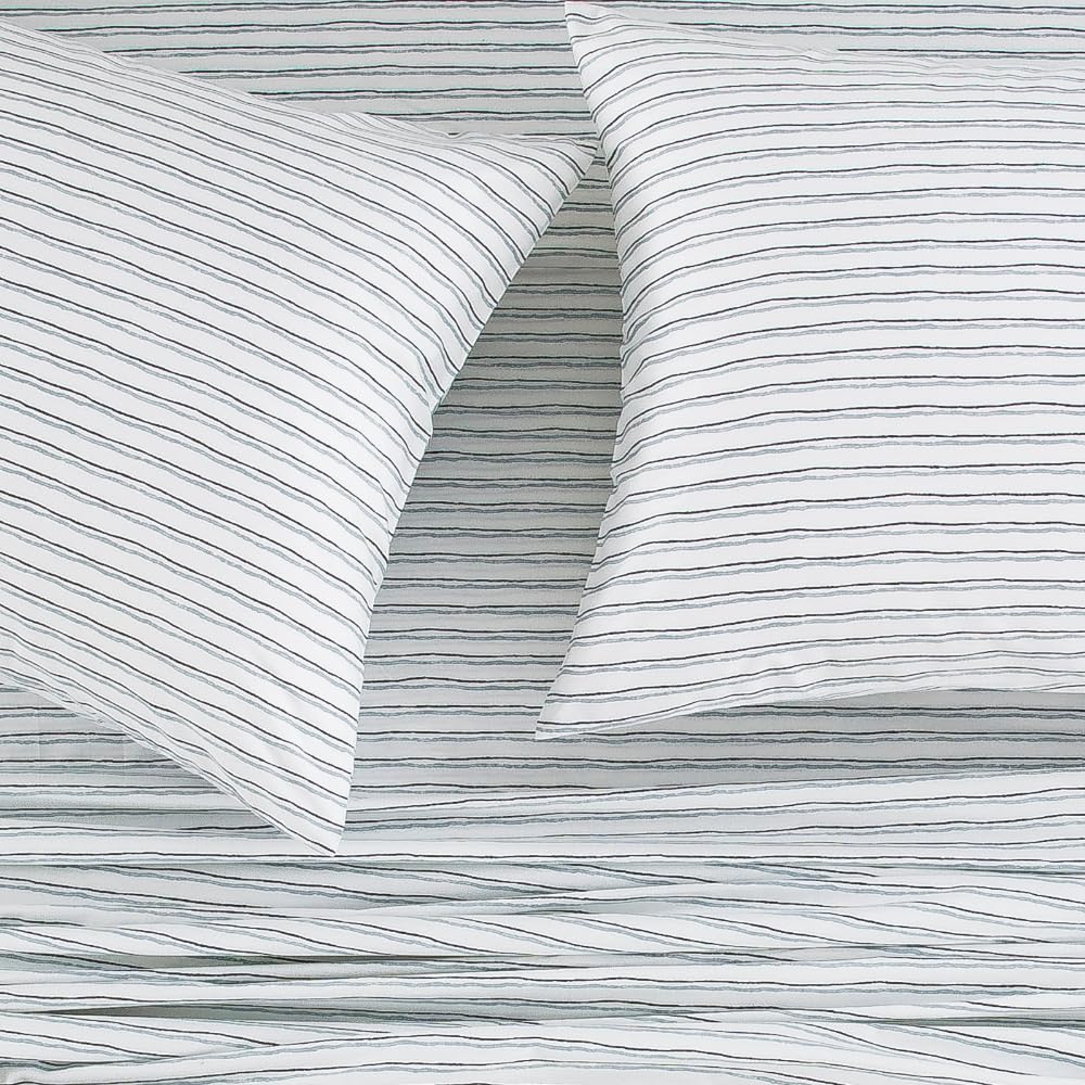DAUAOTO King Size Cotton Bedding Printed Sheets Set, Up to 14" Deep Mattress, Hand Painted Striped Pattern Bedlinen Sets, Blue Stripe
