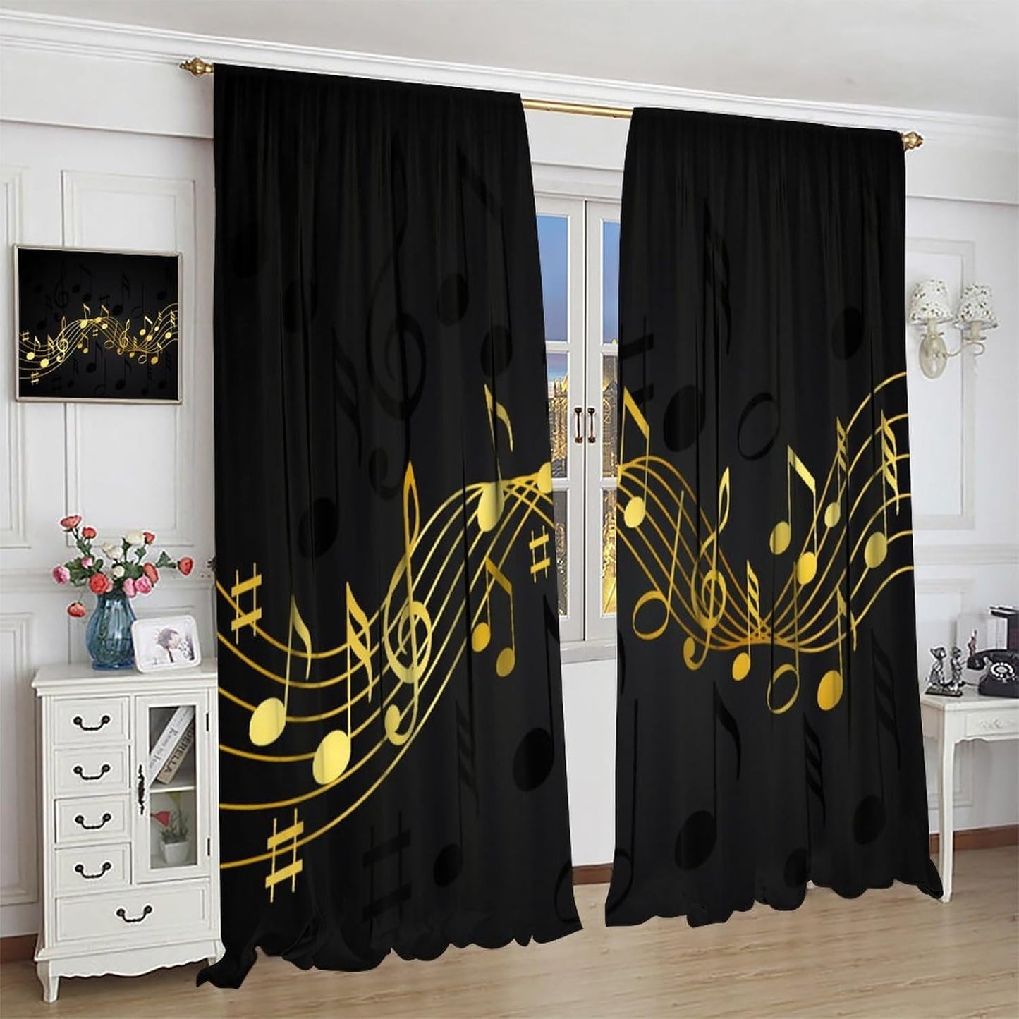 HZOHNAGO Music Curtains Black and Golden Music Notes Pattern Blackout Print Rod Pocket Window Drapes for Bedroom Living Room 42x45in