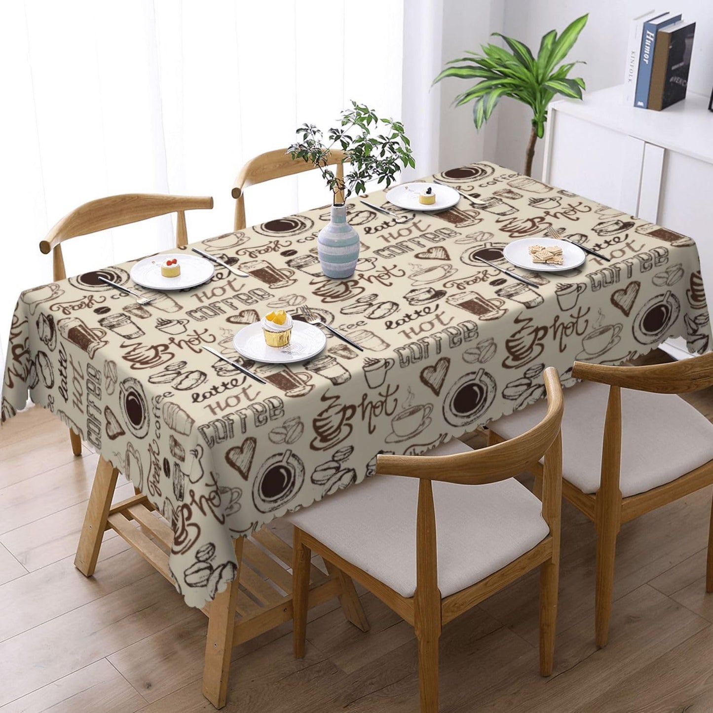 VIMPEYDON Coffee Print Tablecloth Rectangle Table Cloths for Dining Tables, Love Coffee Cup Beans Tablecloths Reusable Tabletop Decoration Table Covers for Kitchen,Holiday,Picnic,Party, 54x72 Inch