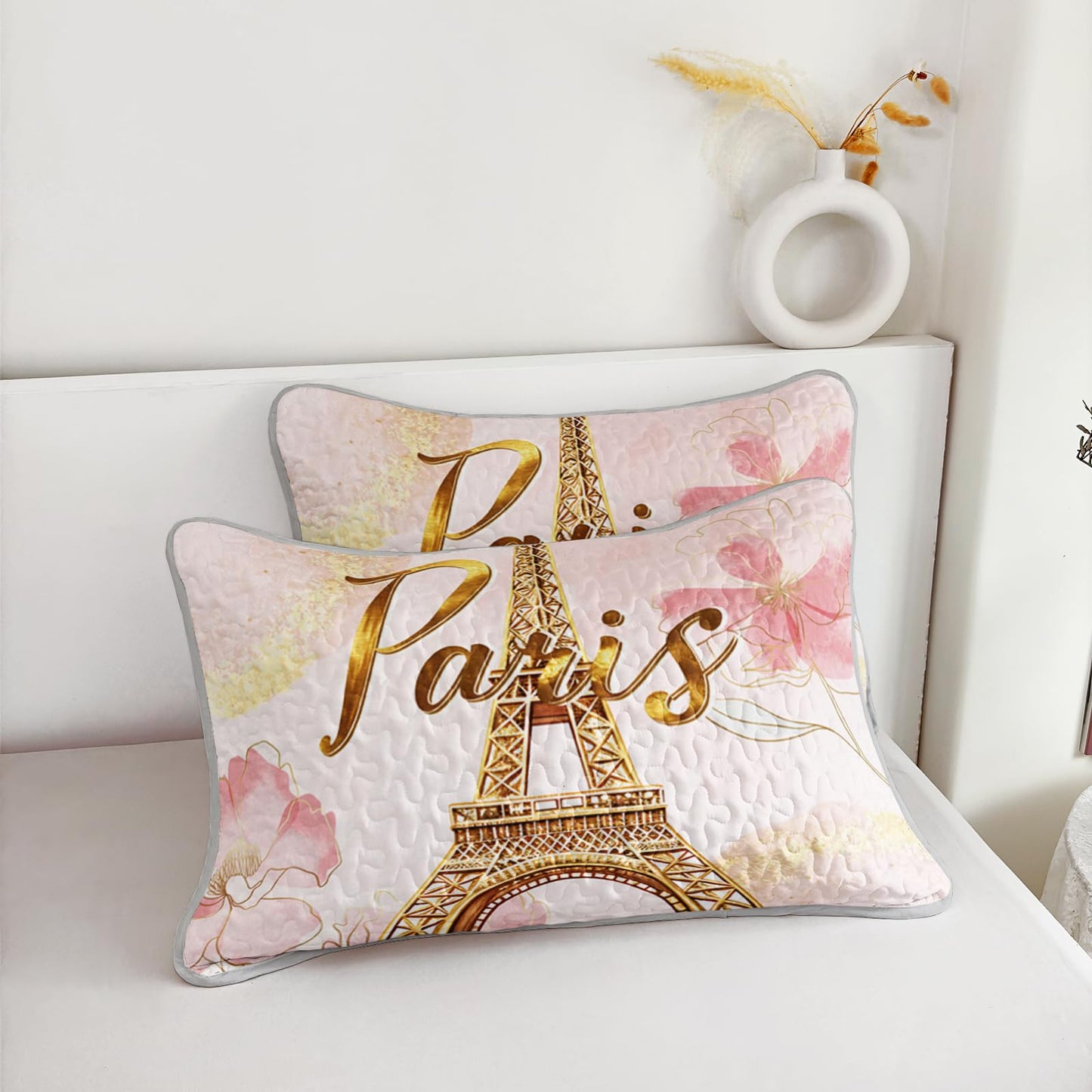 AILONEN Paris Eiffel Tower Bedding Soft Quilt Set King Size,Tie Dye Flower Pink Bedspread Coverlet,3 Piecespink and Gold Watercolor Quilt & 2 Pillowcases