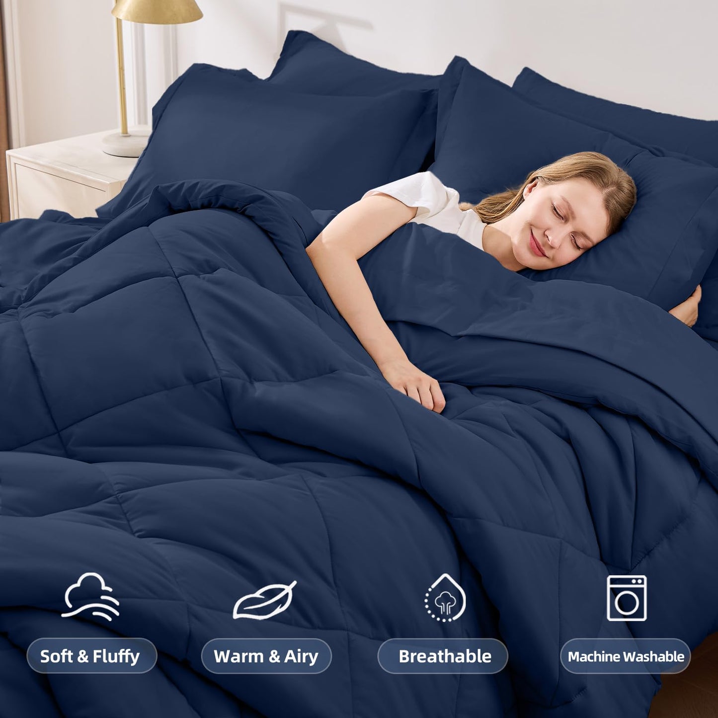 FUANNA 7 Pieces Queen Comforter Set, All Season Bed in a Bag Queen Size, Luxury Soft Bedding Sets with Comforter, Flat Sheet, Fitted Sheet, Pillowcases & Pillow Shams, Navy Blue