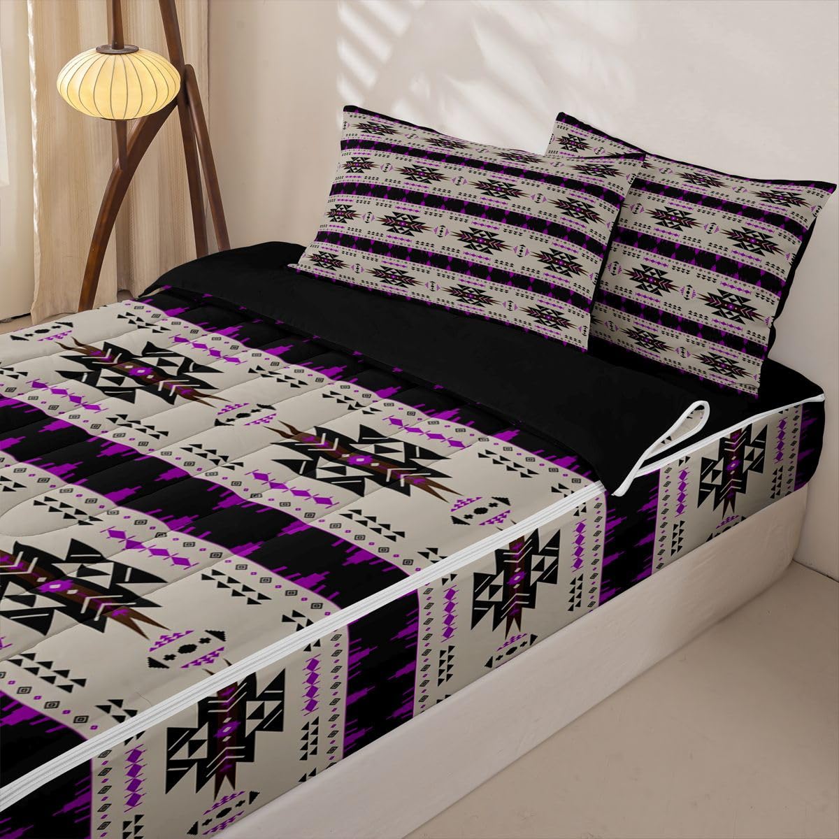 Vintage Exotic Geometric Zipper Bedding Set Queen Zip Up Bedding Western Ethnic Tribal Arrow Comforter Set African Tribal Sriped Triangle Bed in a Bag Brown Purple Bed Set with Comforter and Sheets
