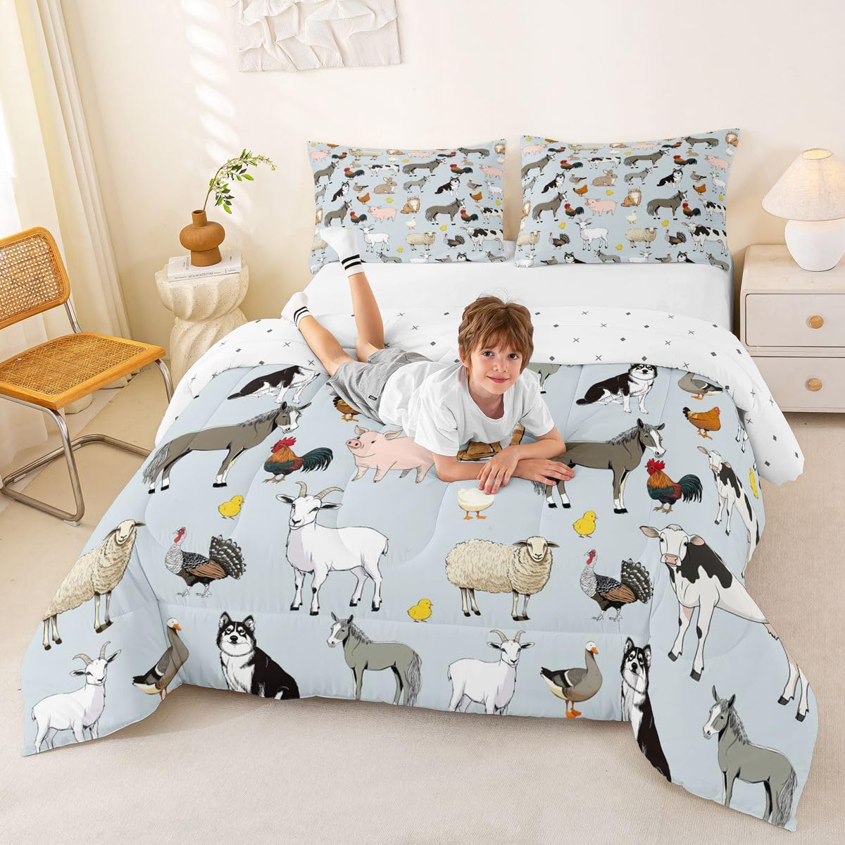 Feelyou Light Blue Farm Animal Comforter Set Toddler Size Cute Animal Bedding Set for Kids Boys Girls Farm Theme Duvet Quilt Cartoon Bedroom Decor 2 Pcs with 1 Pillow Cases