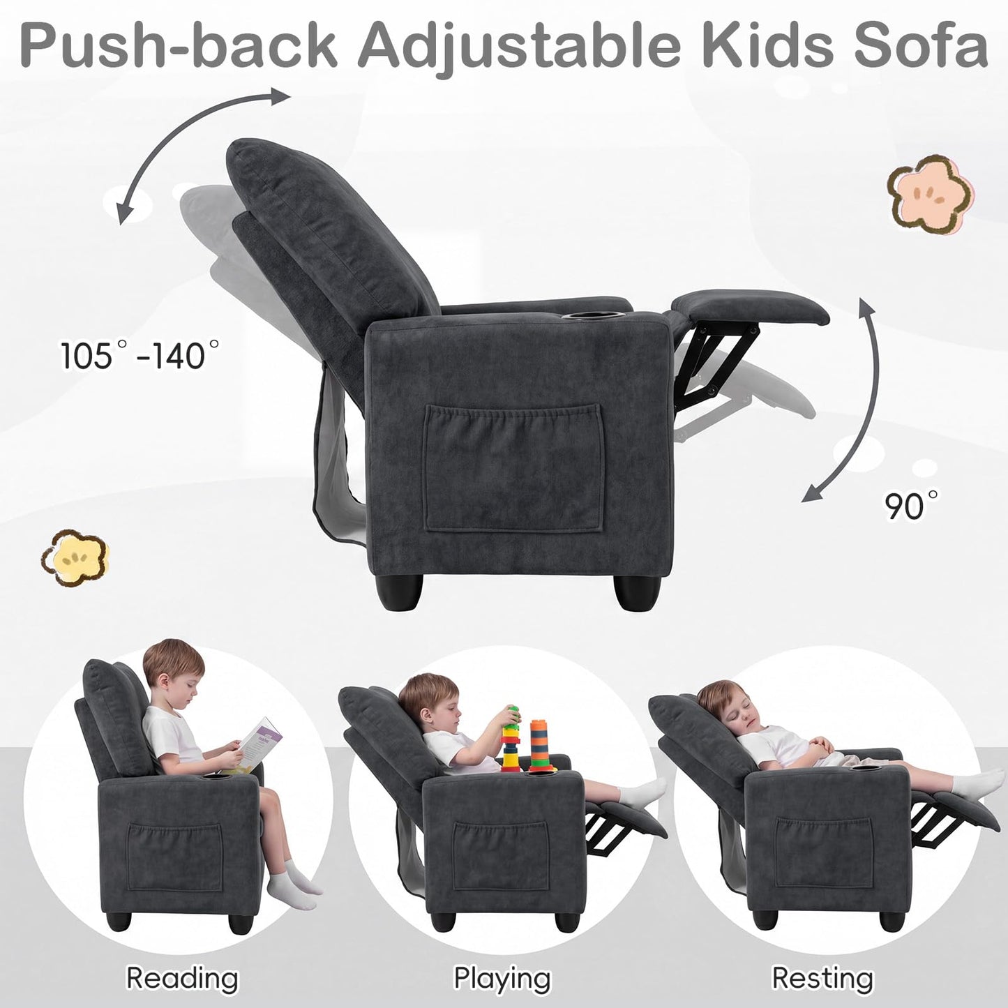Costzon Kids Recliner Chair with Cup Holder, Toddler Adjustable Lounge Chair w/Footrest for Boys Girls Room, Ergonomic Baby Child Furniture Sofa for Age 3+ Gifts, Kids Mini Recliner up to 150 lbs