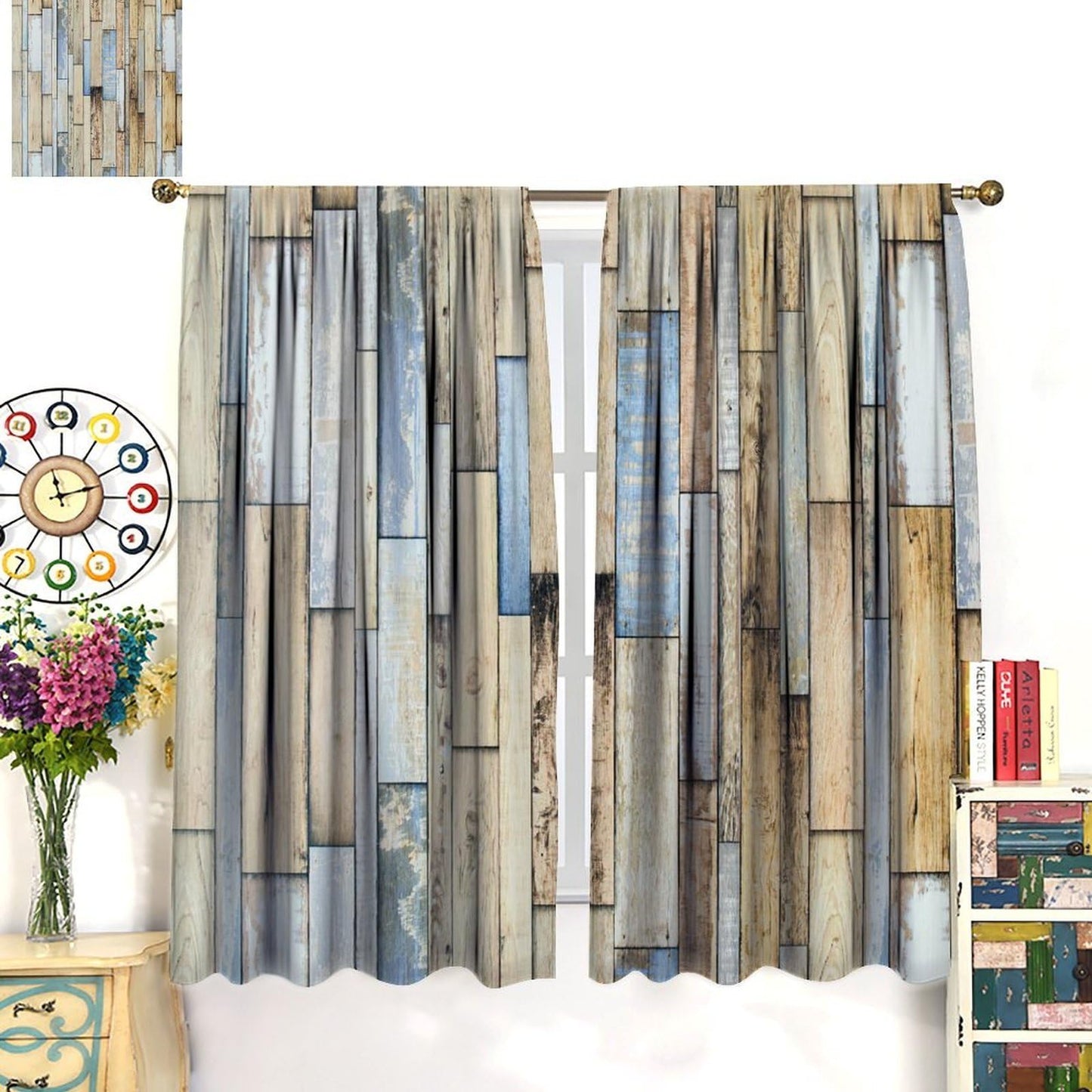 Nanacur Wooden Curtains, Vintage Wood Barn Door Farmhouse Country Rod Pocket Window Treatment for Bedroom Living Room Kitchen Cafe Drapes 41" W X 45" L (No Blackout)