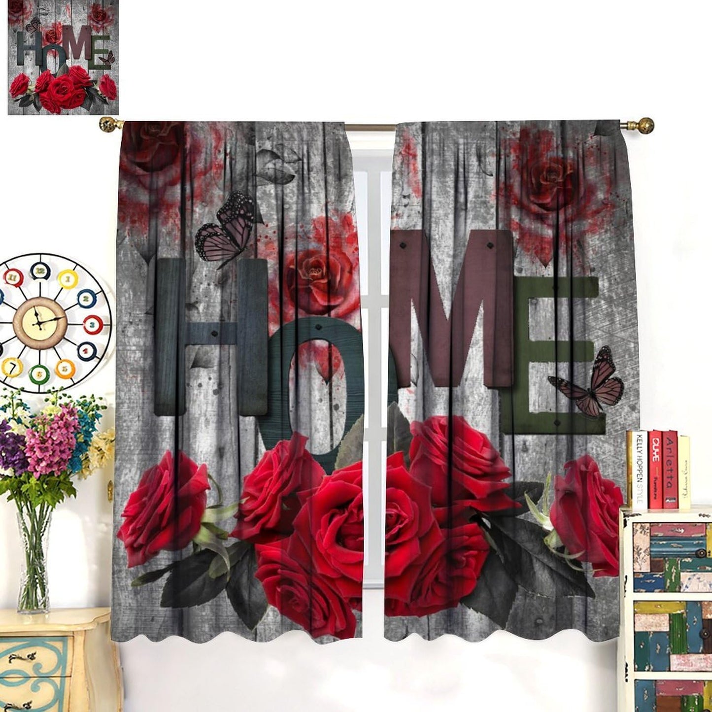 GoDazzling Red Rose Curtains, Wooden Rustic Romantic Flower Valentine's Day Rod Pocket Window Drapes, for Bedroom Living Room 41" W X 45" L (No Blackout)